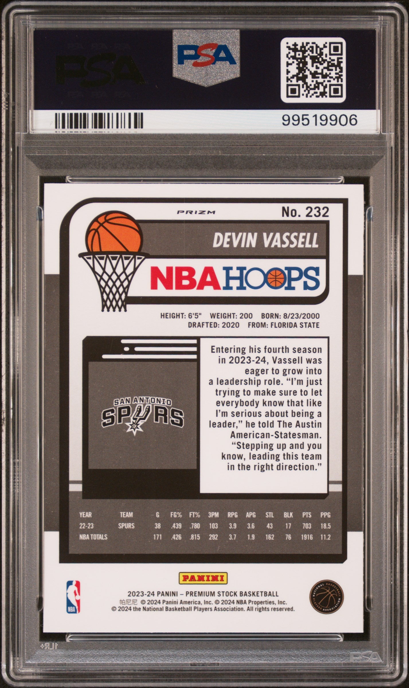 2023 NBA Hoops #232 Devin Vassell Premium Tiger Prizm PSA 10