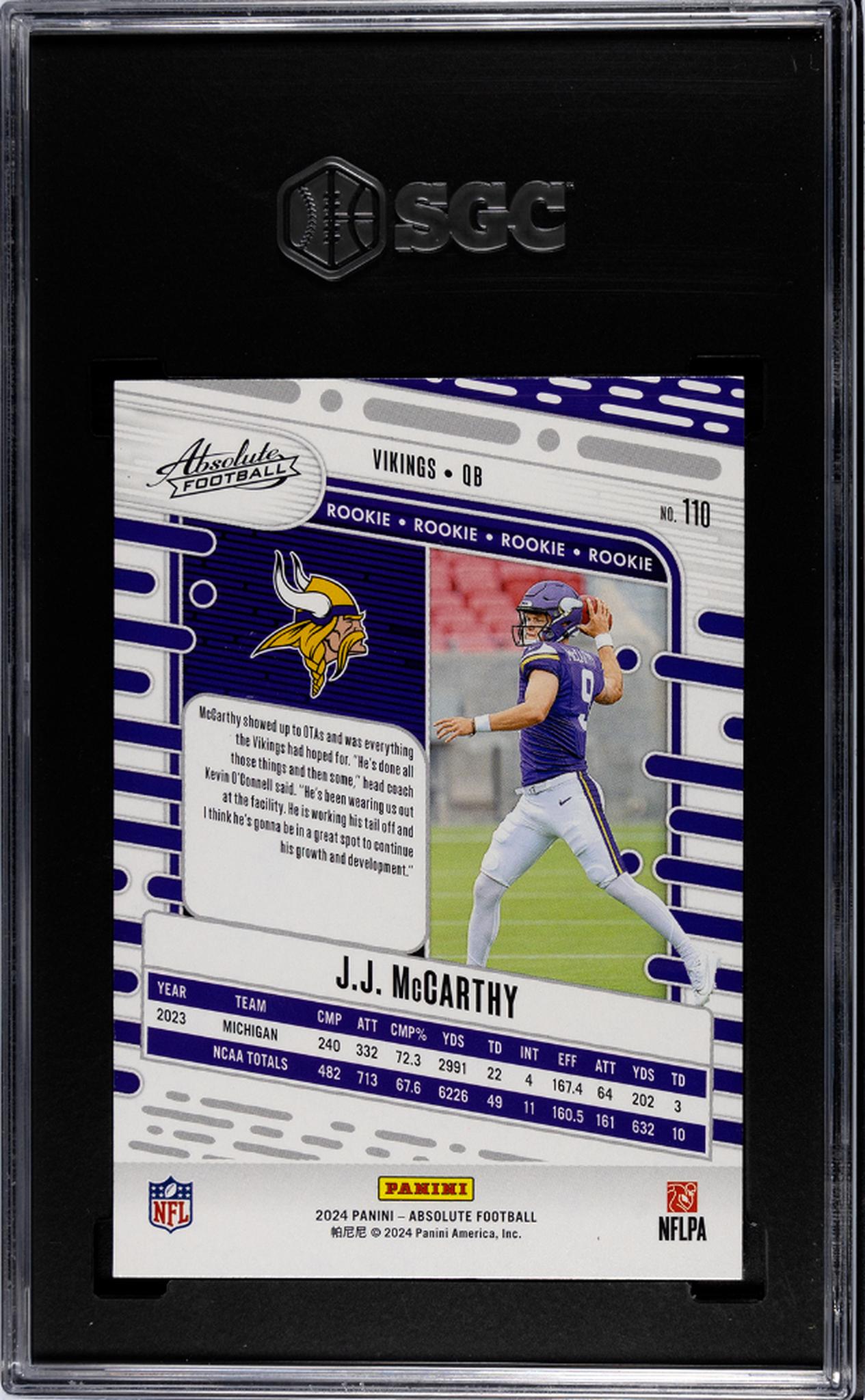 2024 Panini Absolute J.J. McCarthy #110 RC SGC 10