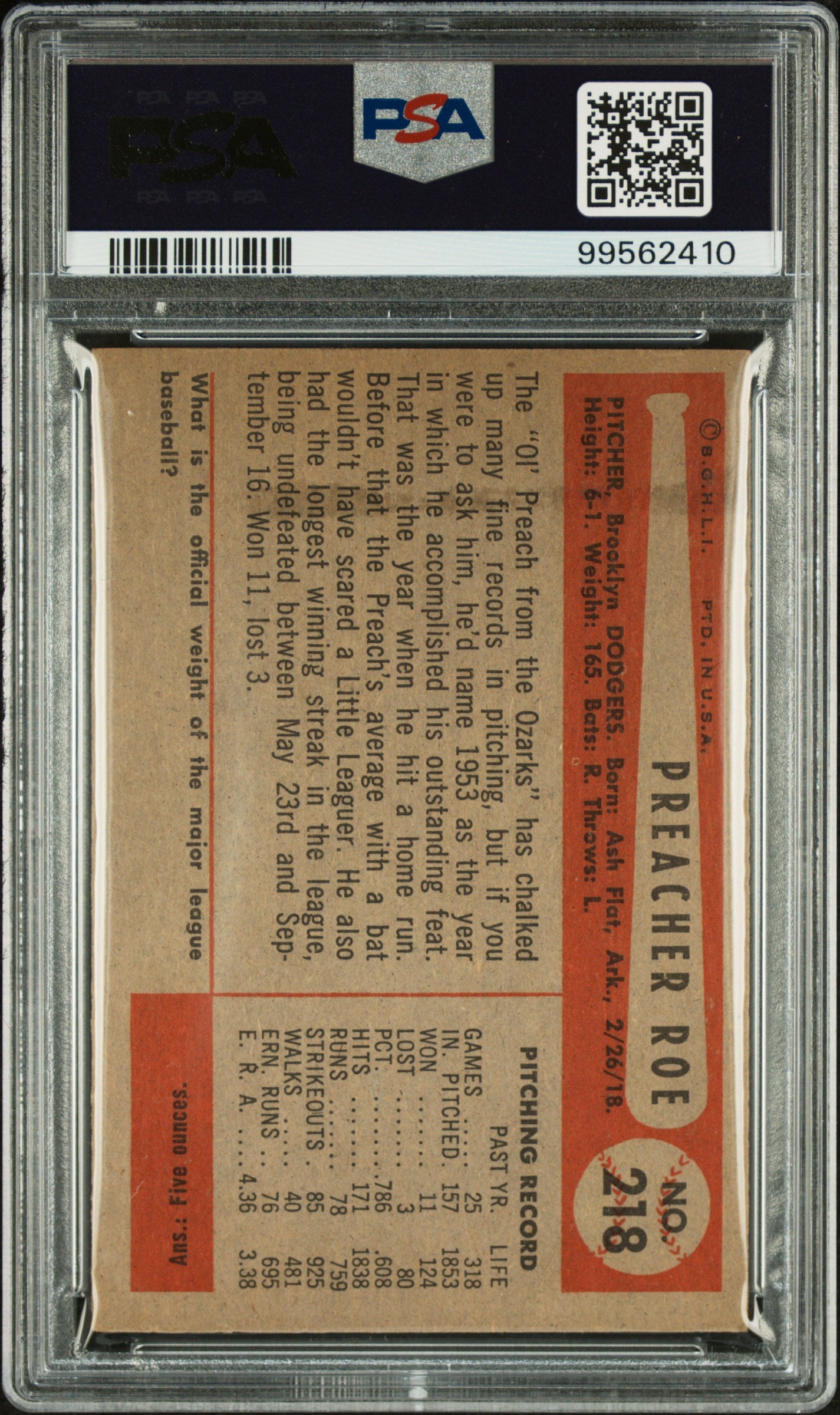 1954 Bowman Baseball Preacher Roe #218 PSA 5