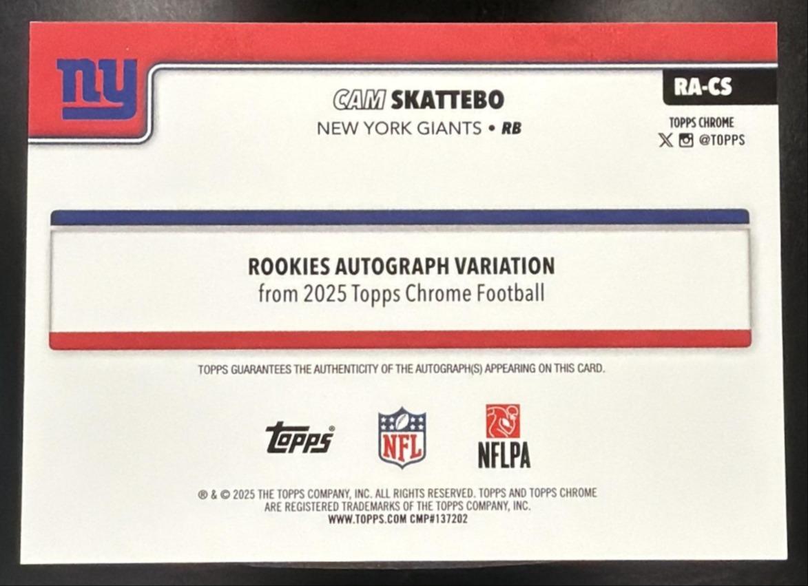 2025 Topps Chrome Cam Skattebo #RA-CS Rookie Auto Aqua Refractor /199 RC