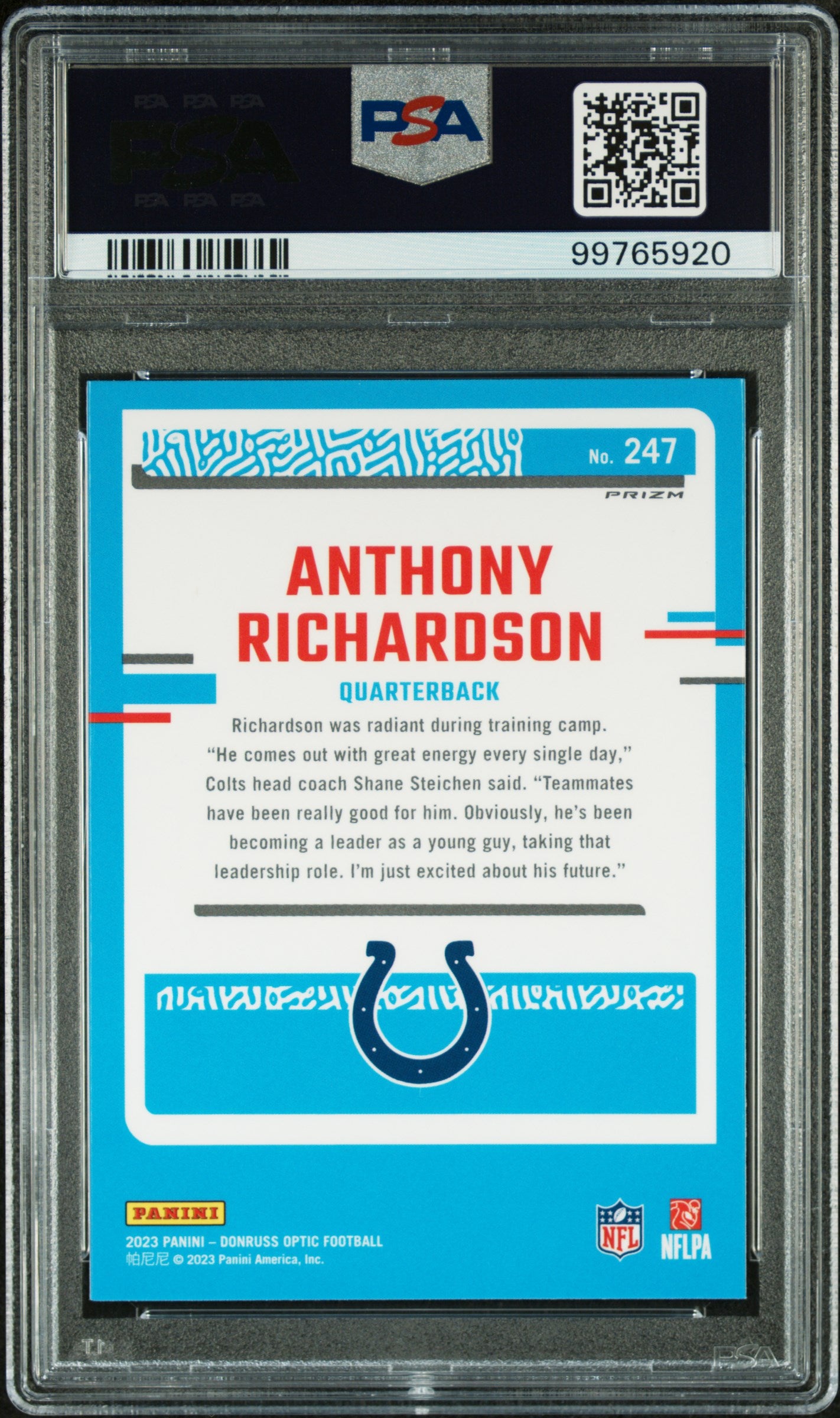2023 Donruss Optic #247 Anthony Richardson Rated Rookie Green Velocity PSA 10