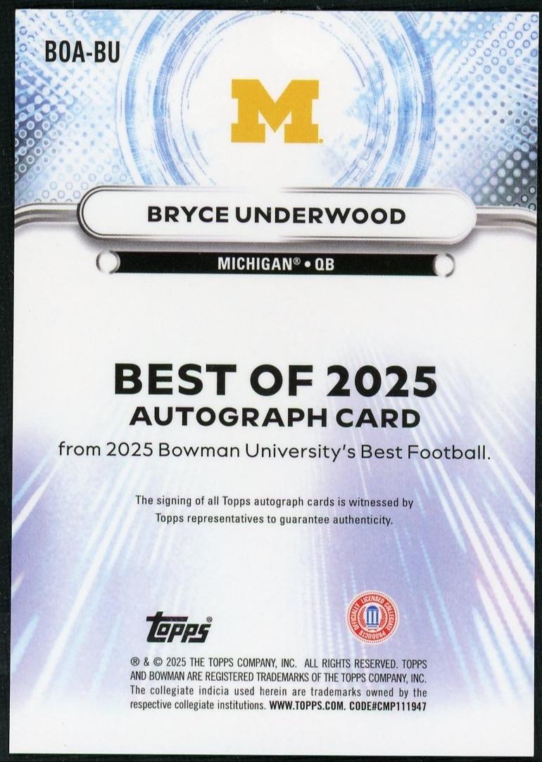 2025 Bowman's Best University Best of 2025 Autographs Bryce Underwood