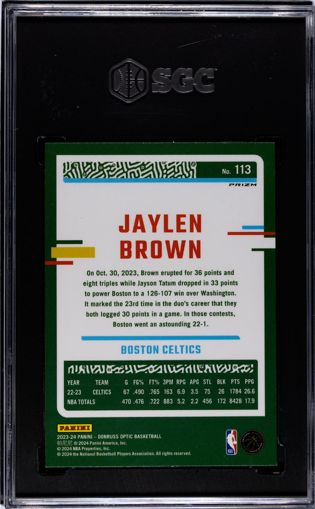 2023-24 Donruss Optic Blue Velocity Prizm Jaylen Brown #113 SGC 10