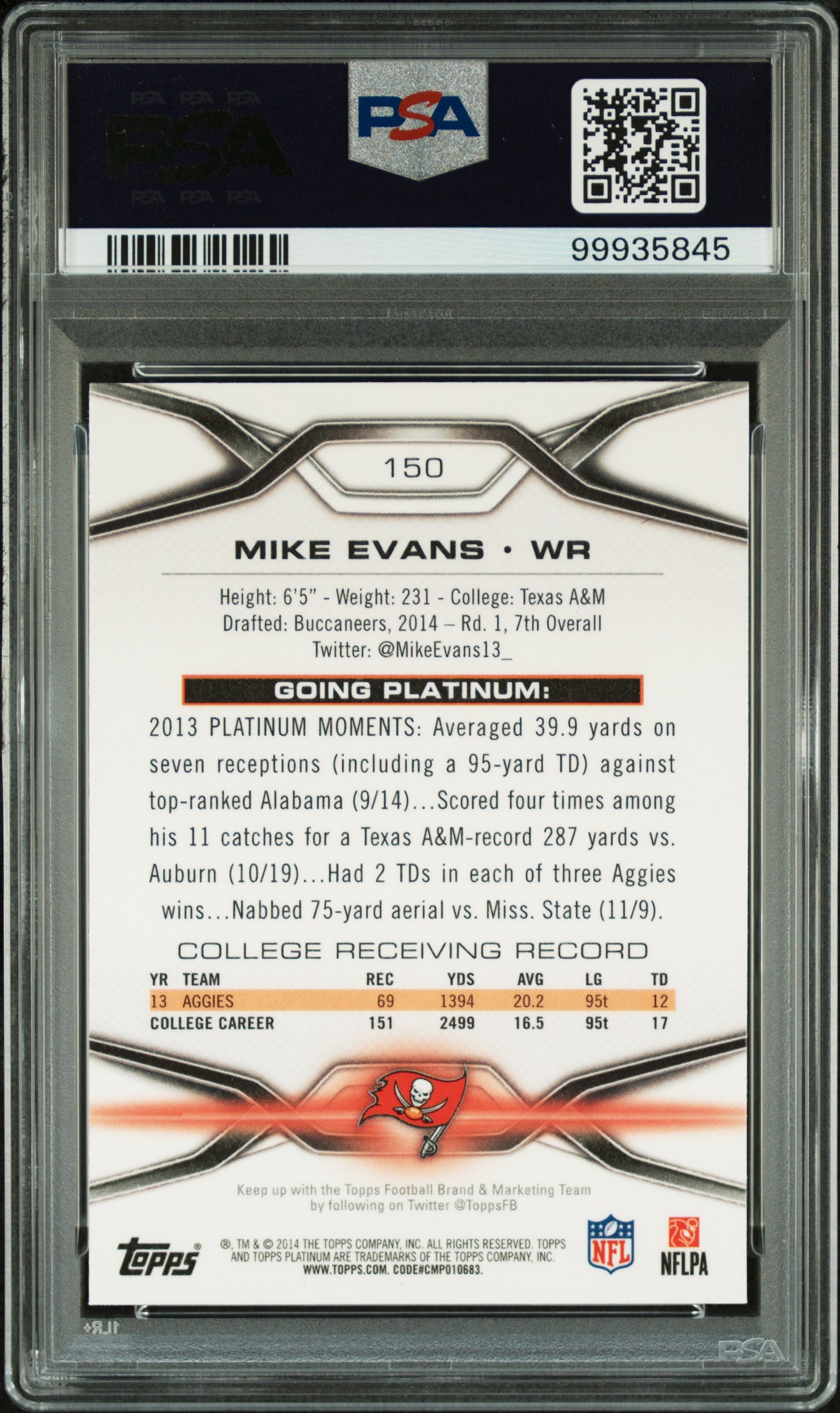 2014 Topps Platinum Orange Refractor Mike Evans #150 PSA 8