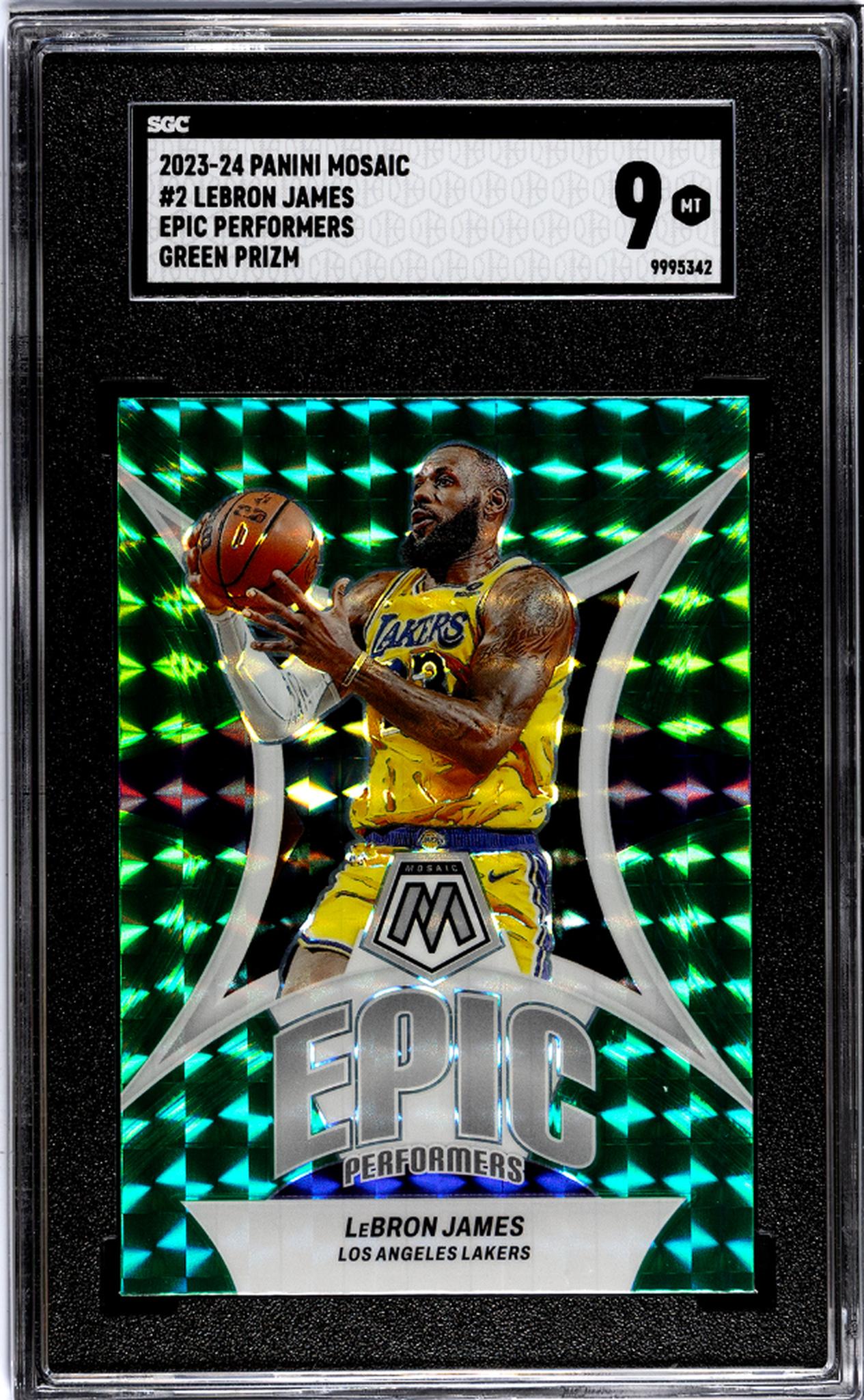 2023-24 Panini Mosaic #2 Lebron James Epic Performers Green Prizm SGC 9