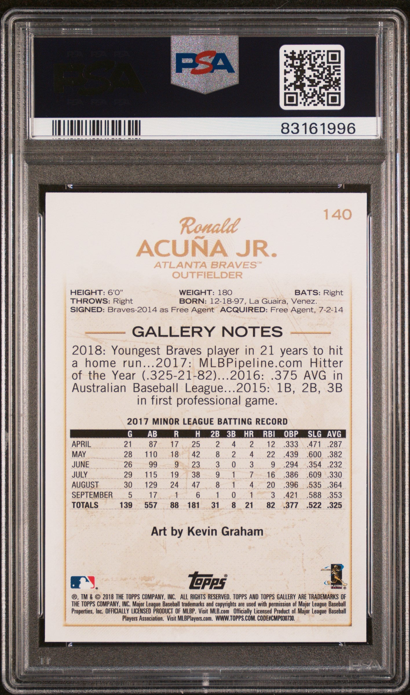 2018 Topps Gallery Ronald Acuna Jr. #140 RC PSA 9