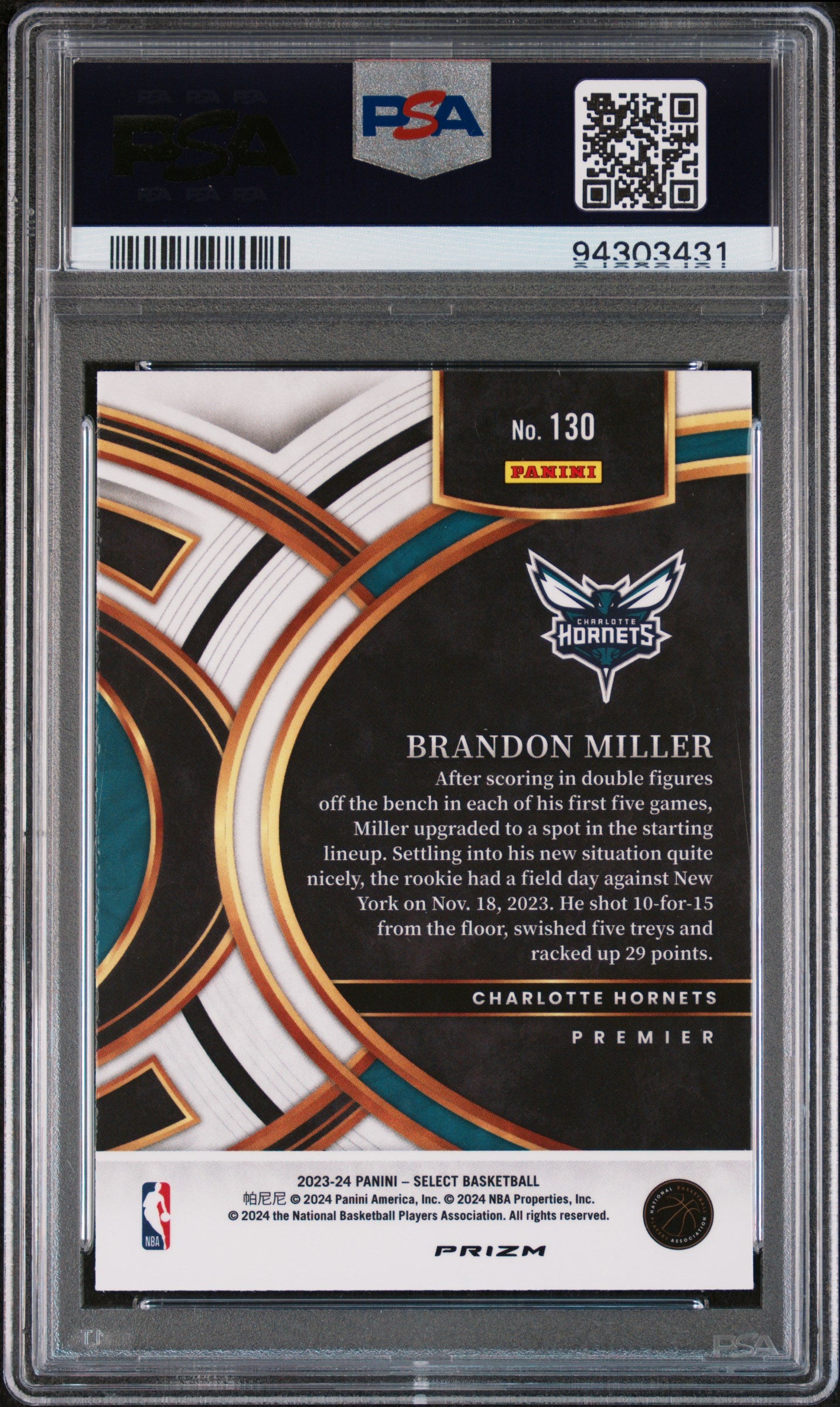 2023 Panini Select Tectonic Brandon Miller #130 Rookie RC PSA 10