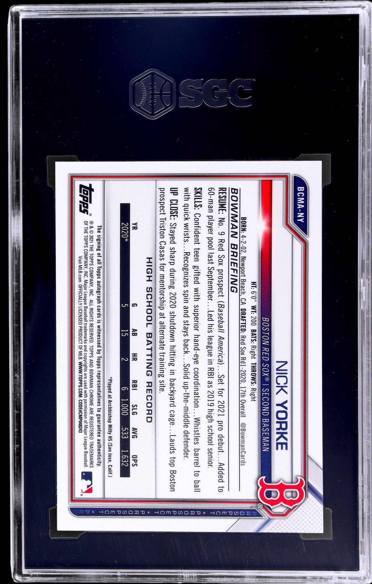 2021 Bowman Chrome Mega Box Prospect Autograph Nick Yorke #BCMANY SGC 10