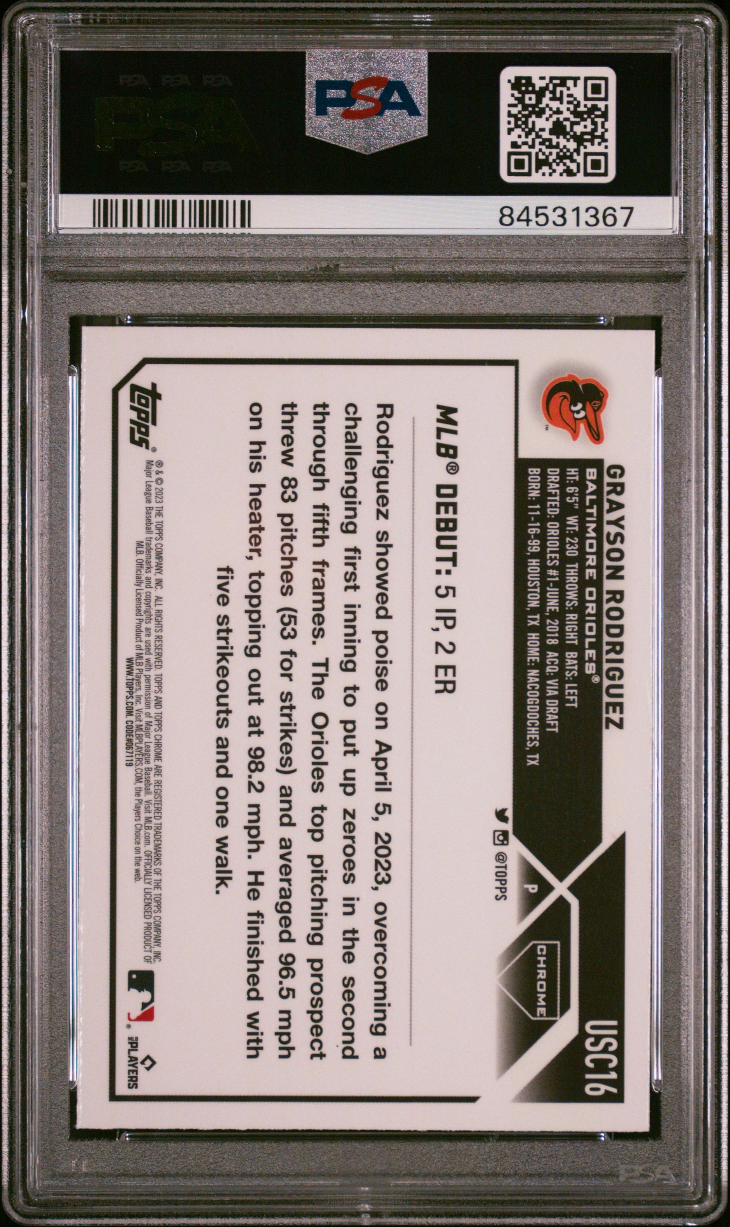 2023 Topps Chrome Update Refractor Grayson Rodriguez #USC16 RC PSA 10