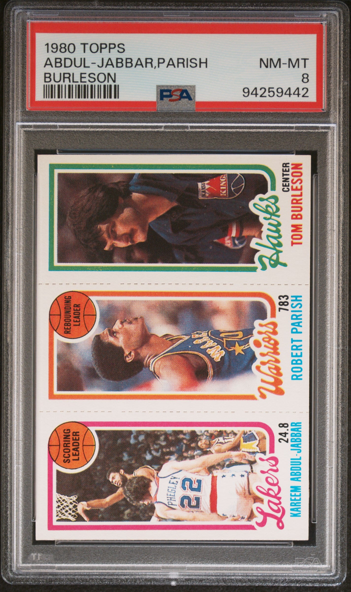 1980 Topps Kareem Abdul-Jabbar/Robert Parish/Tom Burleson PSA 8