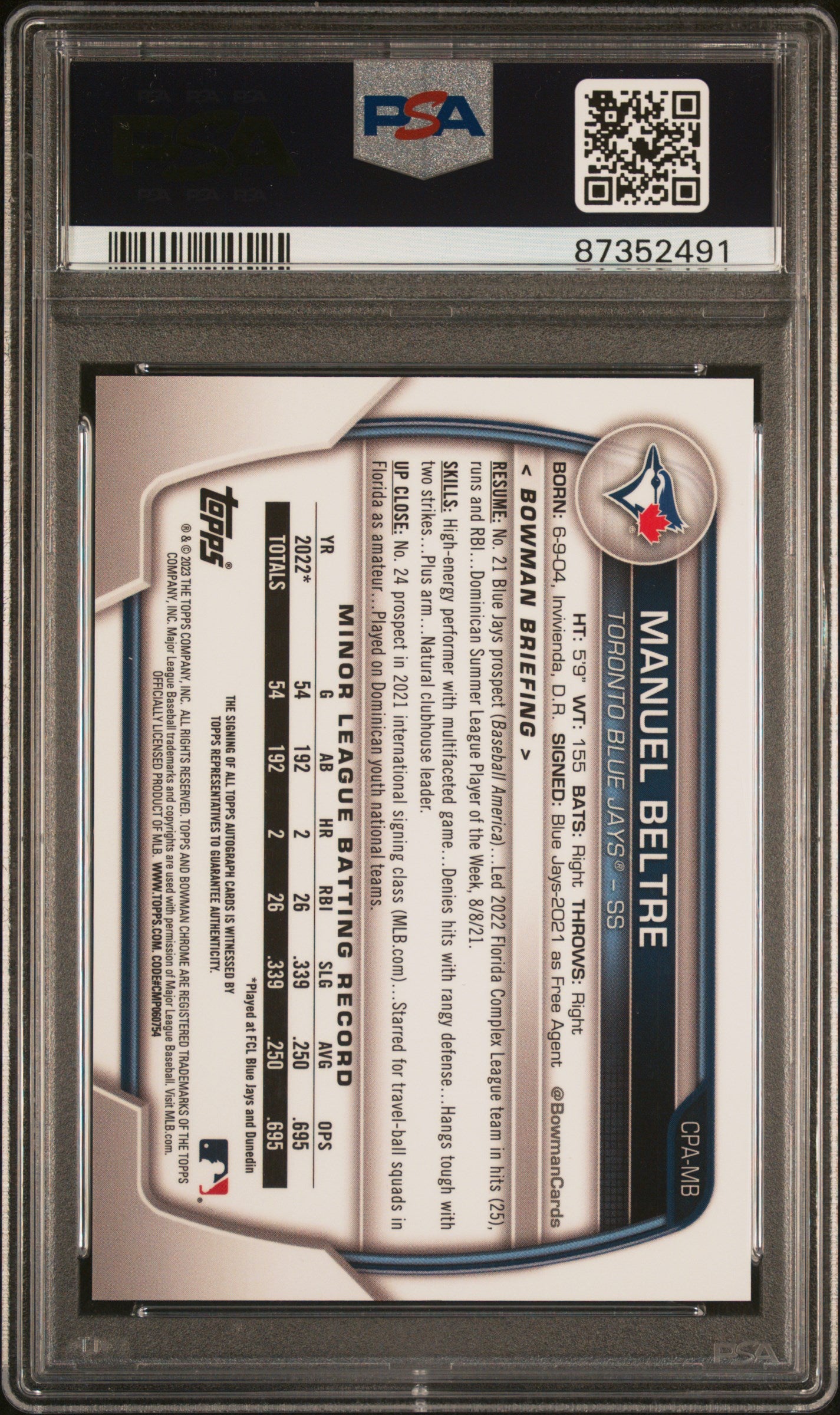 2023 Bowman Chrome #CPAMB Manuel Beltre Prospect Autograph Gold Refractor /50 PSA 10