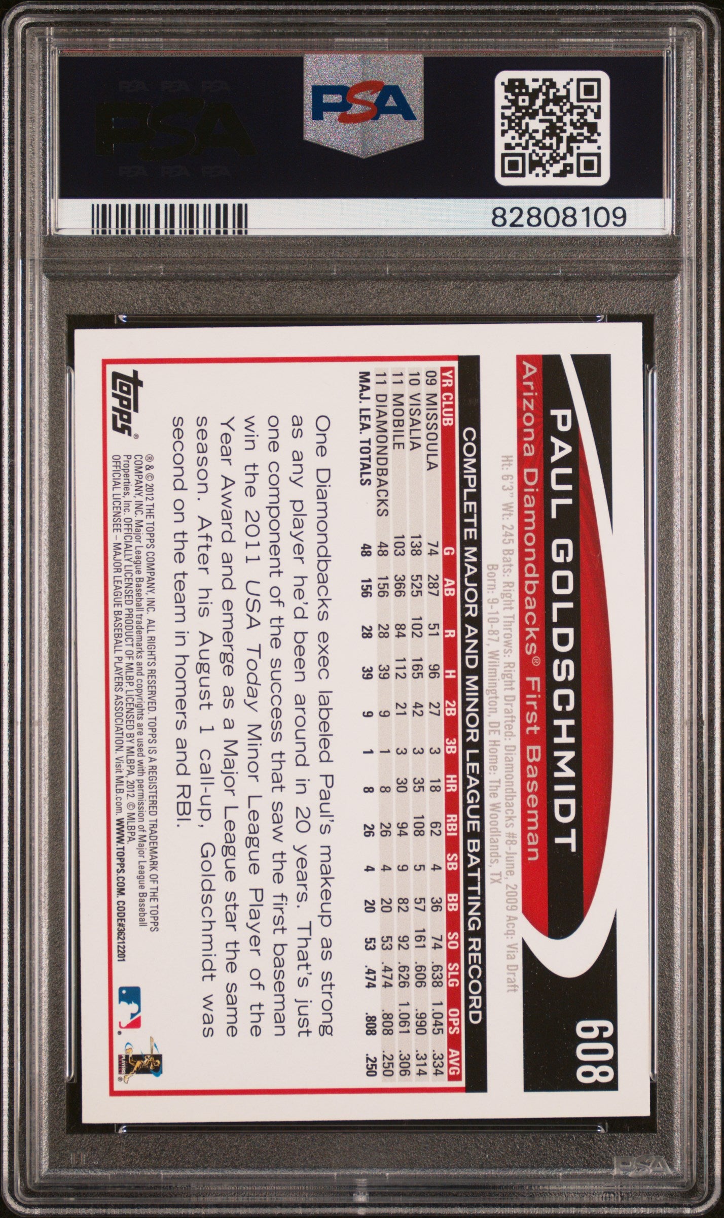 2012 Topps Paul Goldschmidt #608 PSA 10