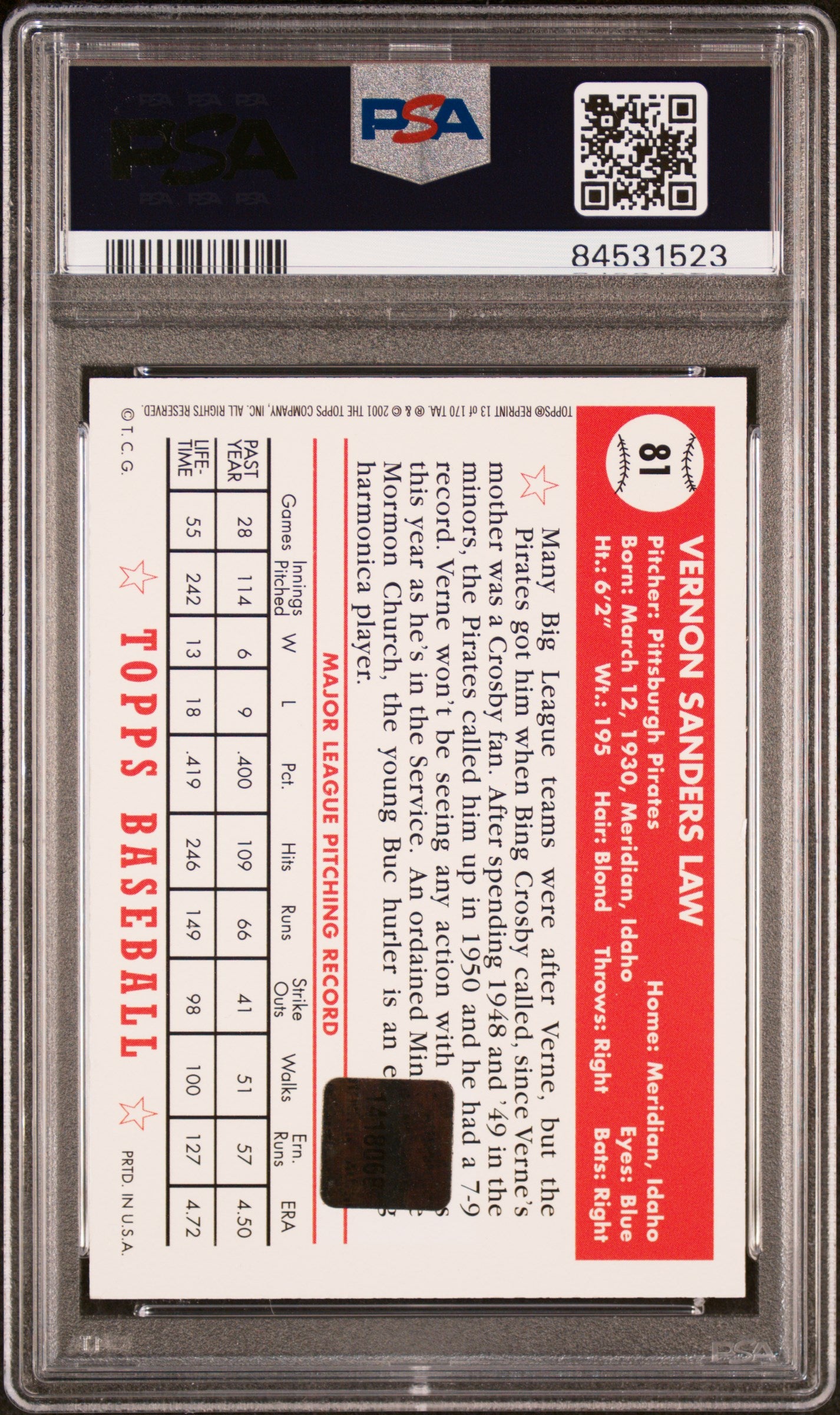 2001 Topps Archives Autographs Vernon Law #13 PSA 7