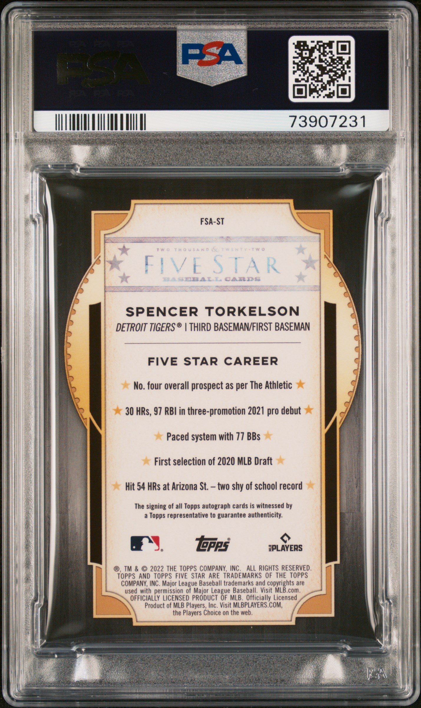 2022 Topps Five Star Autographs Spencer Torkelson Rookie RC #FSAST PSA 9