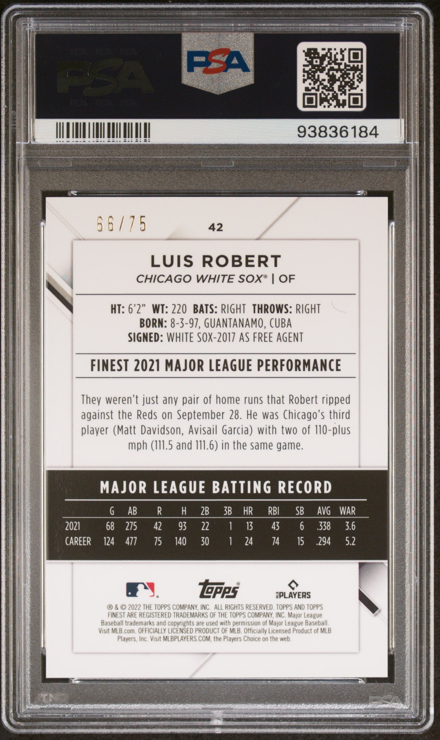 2022 Finest Rose Gold Refractor Luis Robert /75 #42 PSA 10