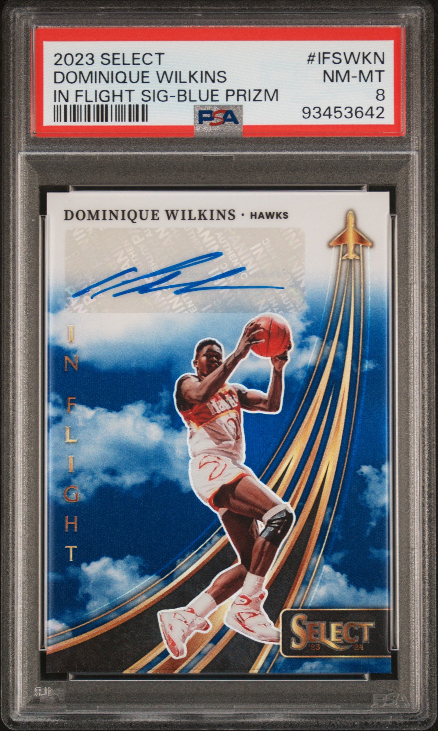 2023 Panini Select In Flight Signatures In Blue Dominique Wilkins /49 PSA 8