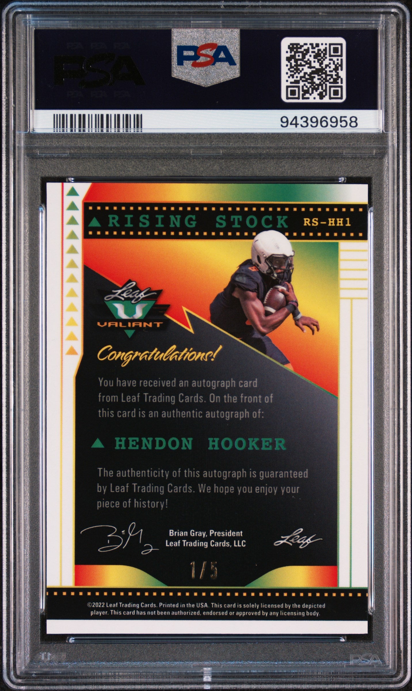 2022 Leaf Valiant Rising Stock Auto Rs Auto-Crystal Rwb Hendon Hooker 1/5 PSA 10