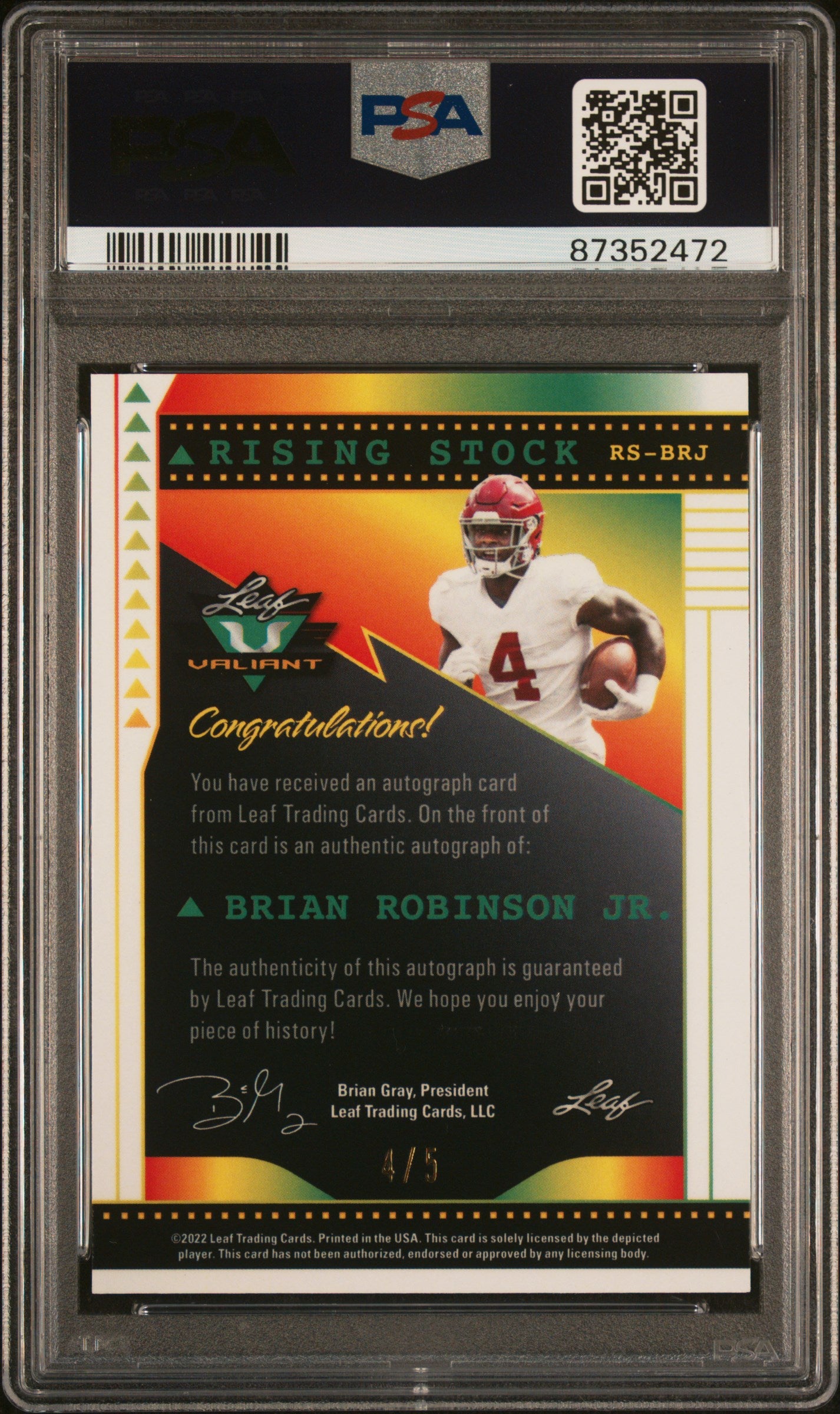 2022 Leaf Valiant Rising Stock Autographs #RSBRJ Brian Robinson Jr. Leopard PSA 9