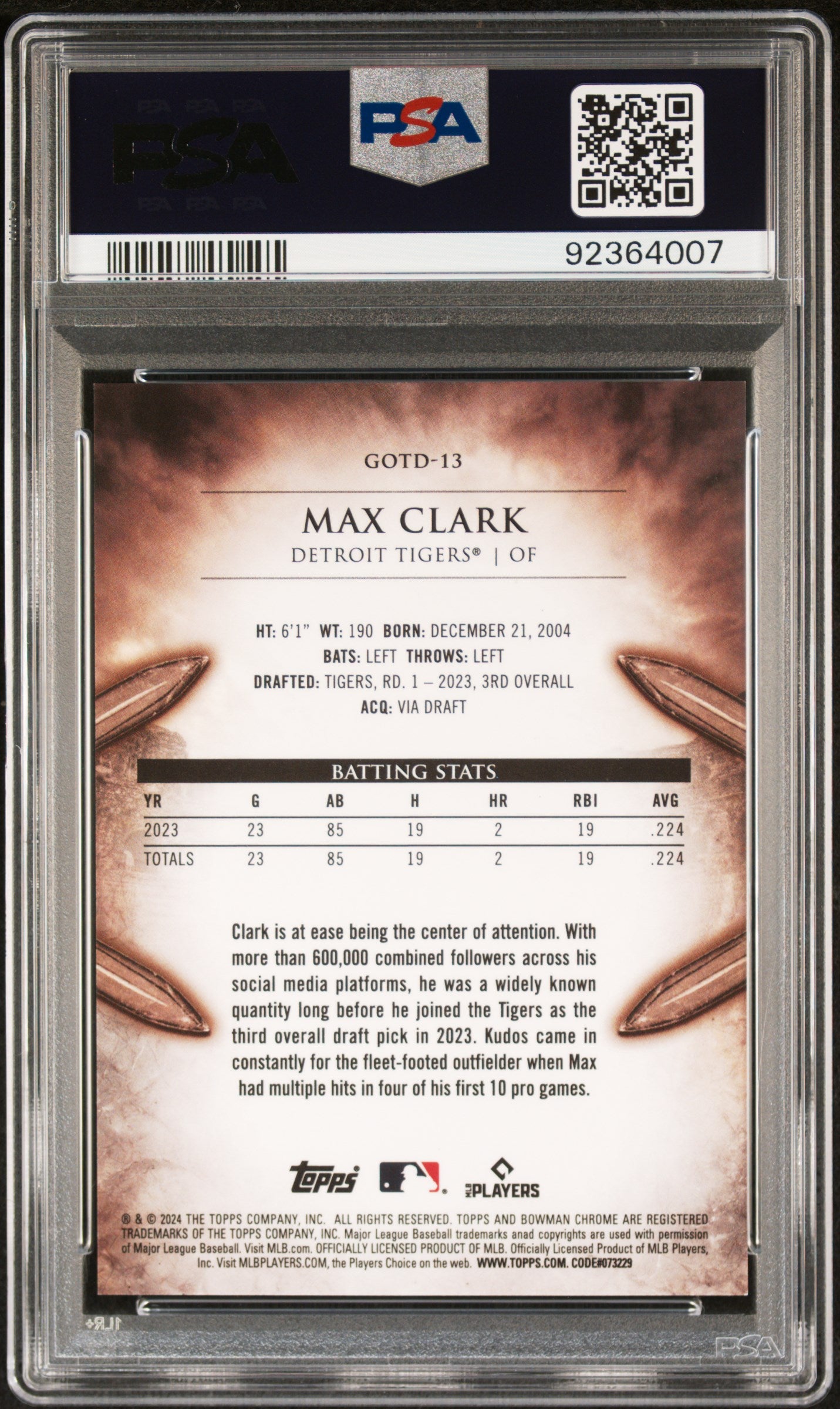 2024 Bowman Chrome Gladiators Max Clark #GOTD13 PSA 10