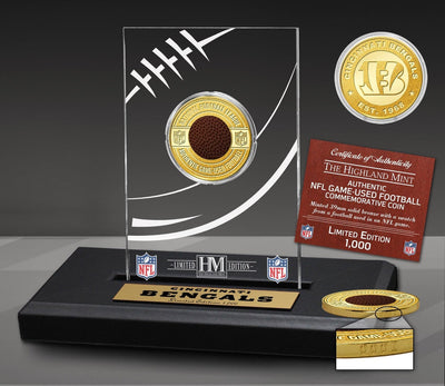 Highland Mint Cincinnati Bengals Game Used NFL Football Bronze Coin Acrylic Display - Limited Edition /1000
