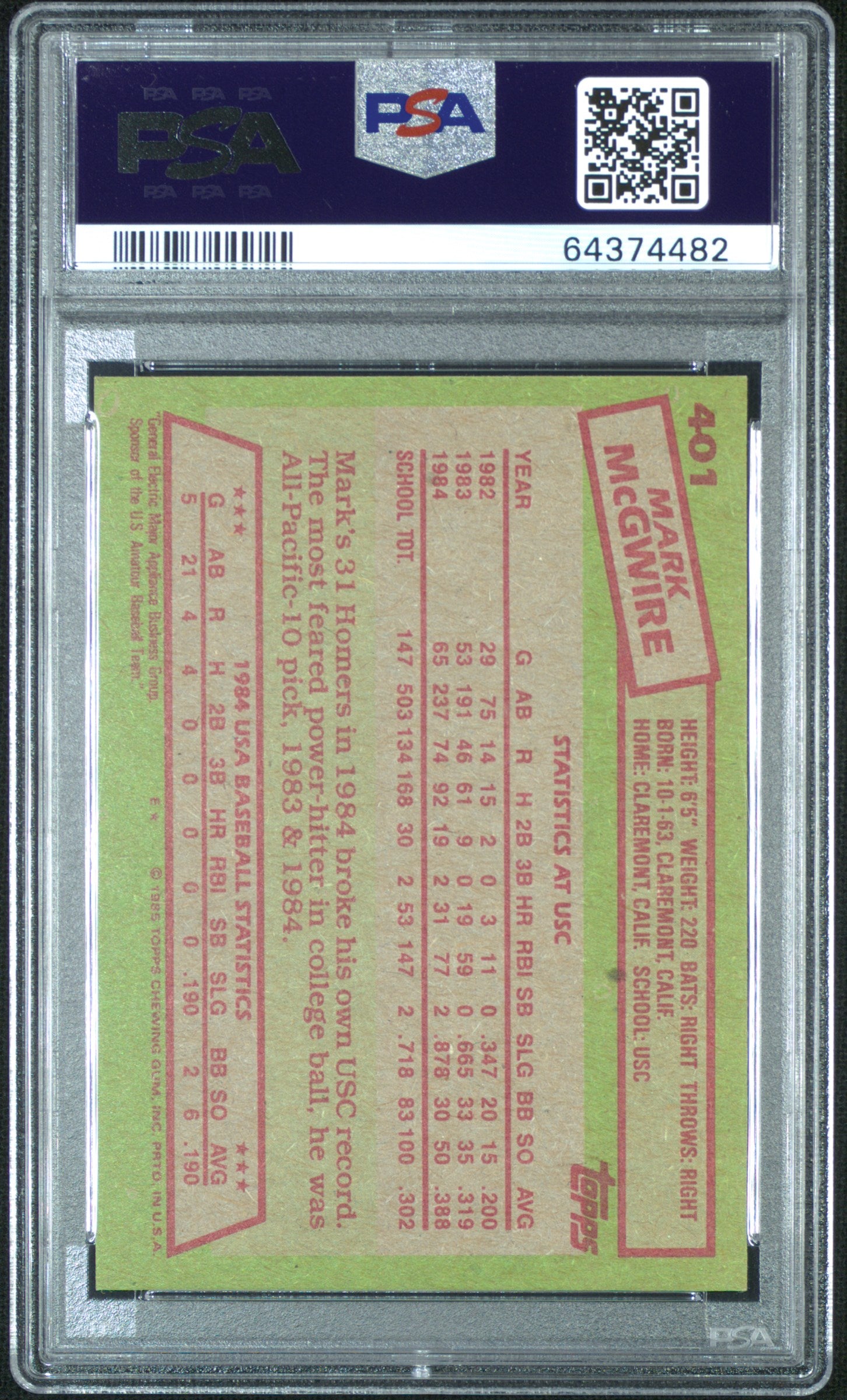 1985 Topps '84 USA Baseball Team Mark Mcgwire #401 PSA 9