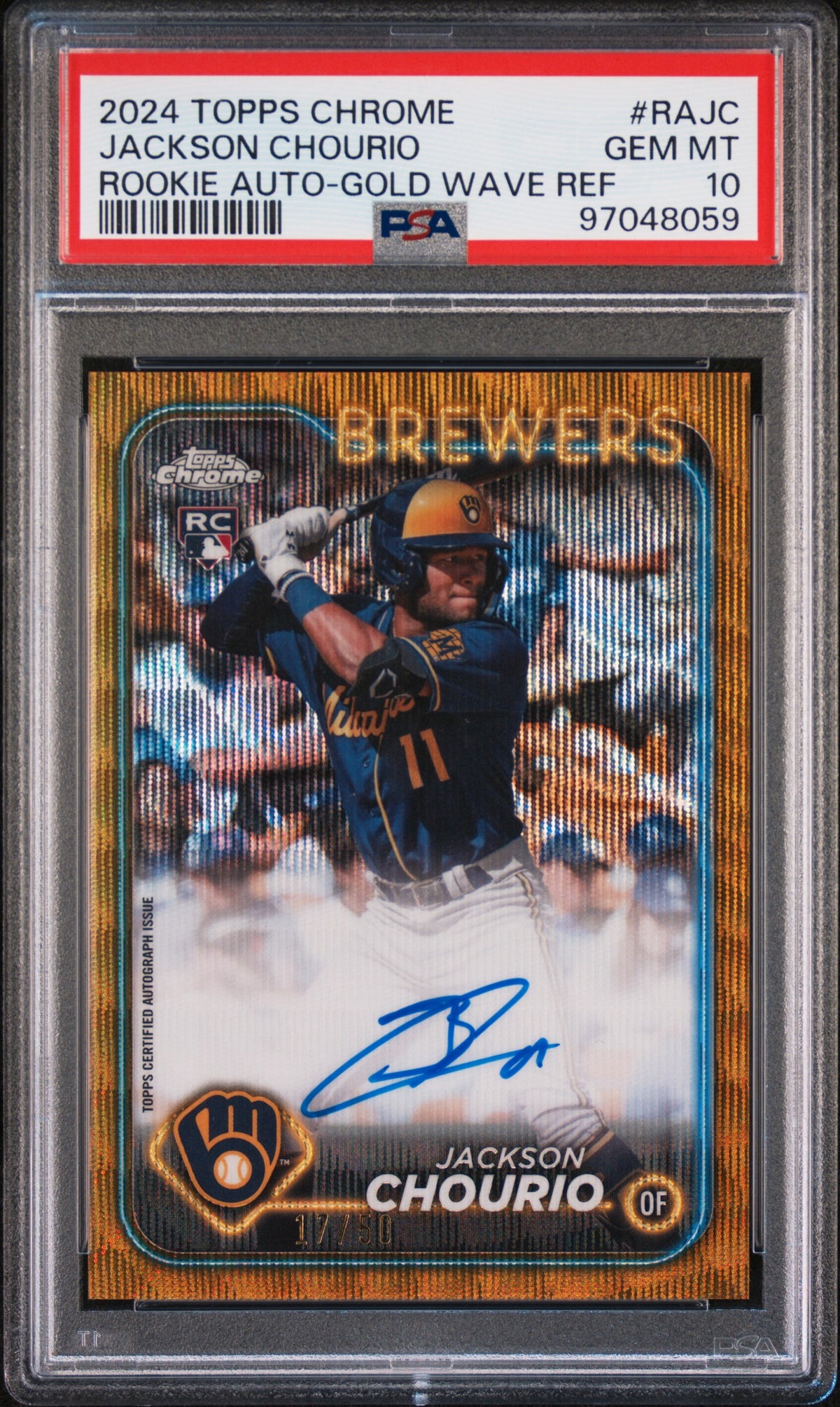 2024 Topps Chrome Rookie Autograph Gold Wave Refractor Jackson Chourio #RAJC /50 PSA 10
