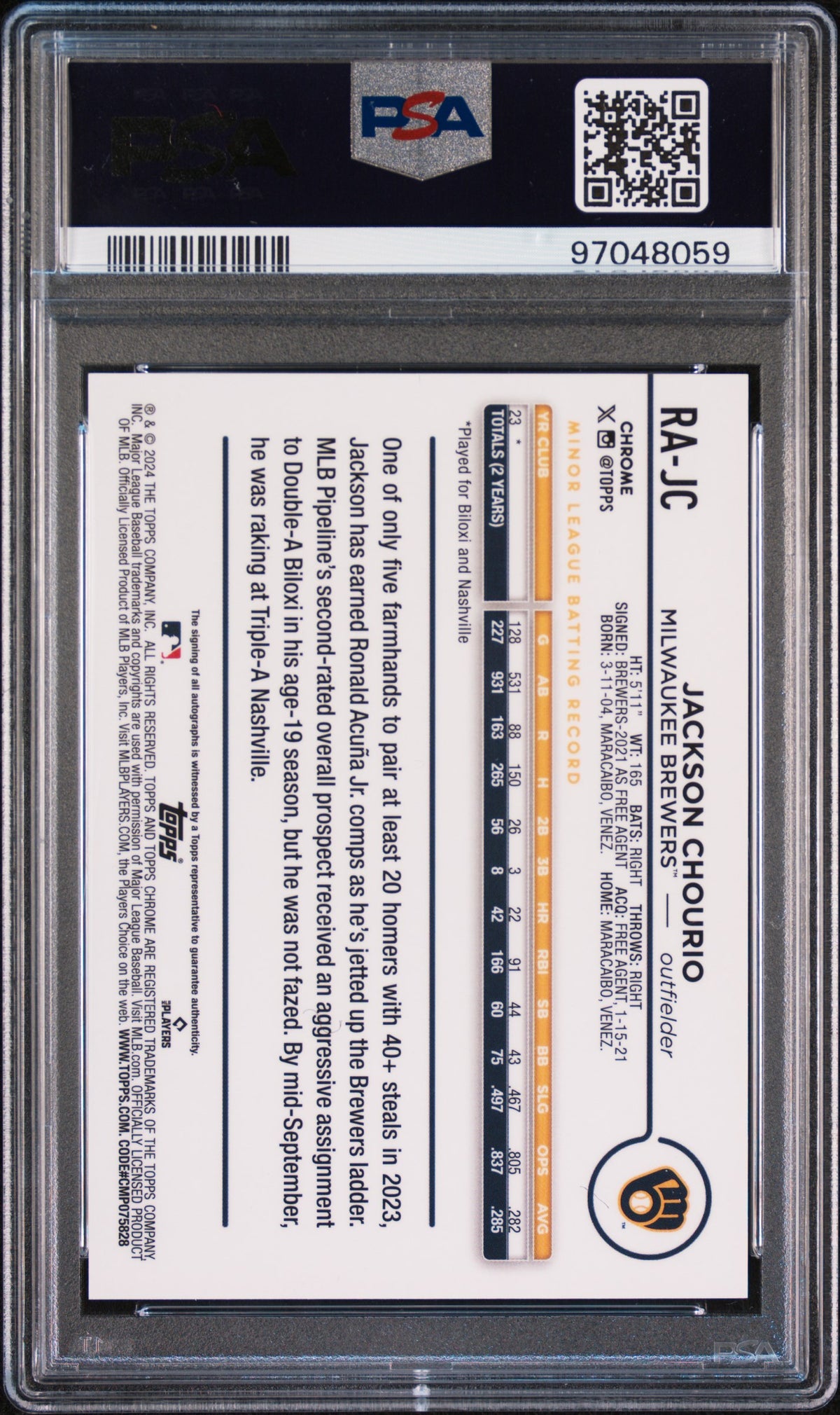 2024 Topps Chrome Rookie Autograph Gold Wave Refractor Jackson Chourio #RAJC /50 PSA 10