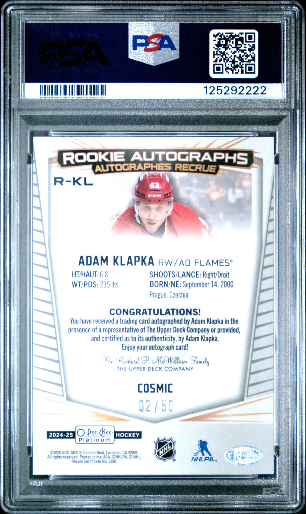 2024 Upper Deck O-Pee-Chee Platinum Rookie Autographs Cosmic Adam Klapka #RKL /50 PSA 10 125292222