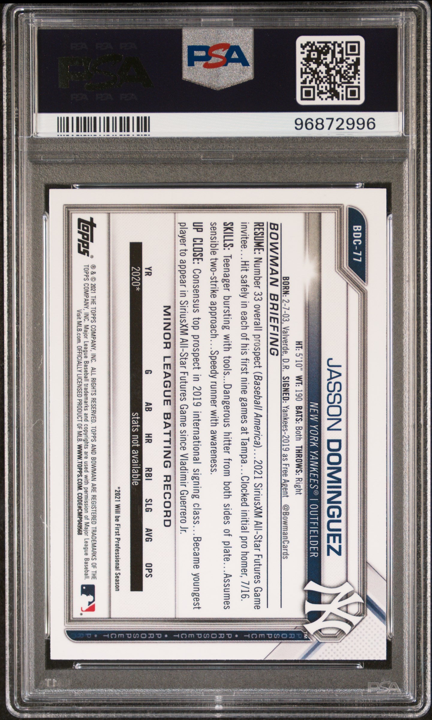 2021 Bowman Chrome Draft Jasson Dominguez #BDC77 PSA 10