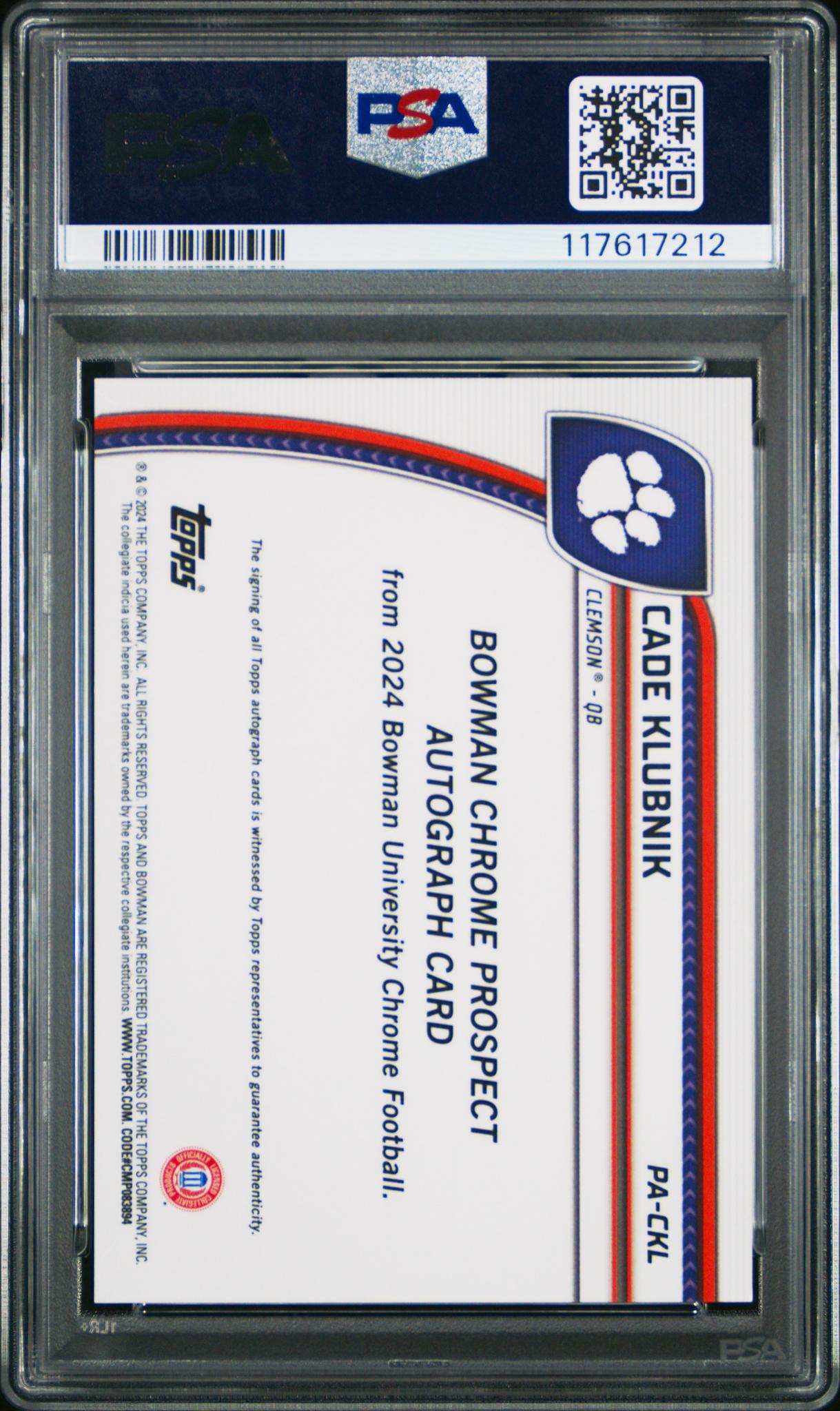 2024 Bowman University Chrome Bowman Chrome Prospect Autographs Cade Klubnik #PACKL PSA 10