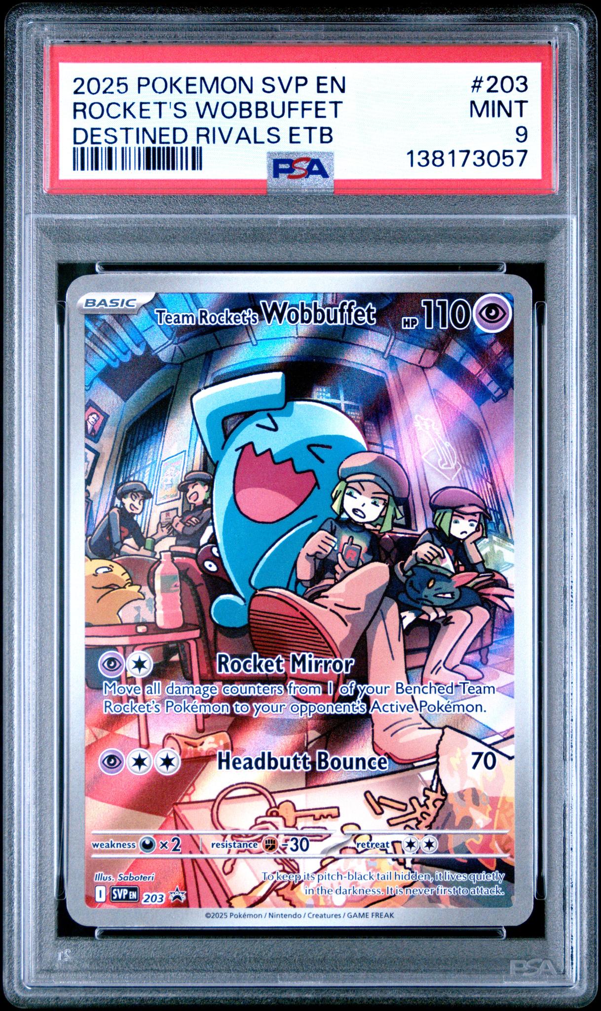 2025 Pokemon Scarlet and Violet Black Star Promo Destined Rivals Elite Trainer Box Team Rocket's Wobbuffet #203 PSA 9
