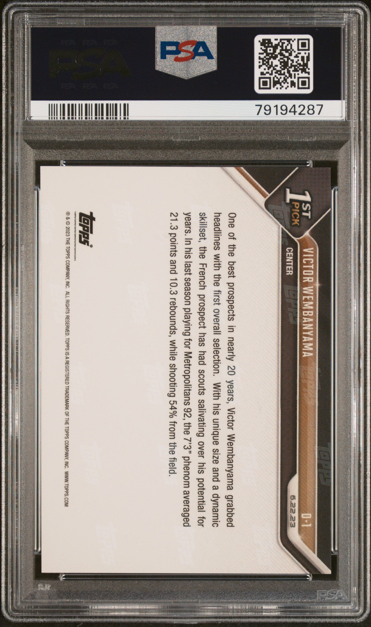 2023 Topps Now Draft Victor Wembanyama #D-1 /72171 PSA 10