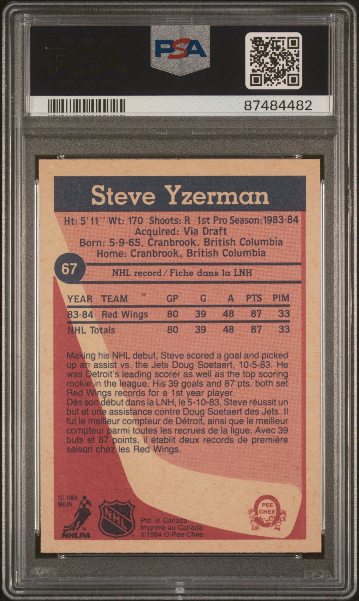 1984 O-Pee-Chee Steve Yzerman #67 PSA 7