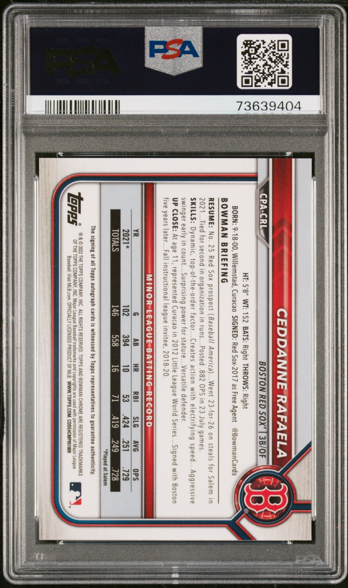 2022 Bowman Chrome Prospect Autograph Ceddanne Rafaela #CPACRL PSA 10