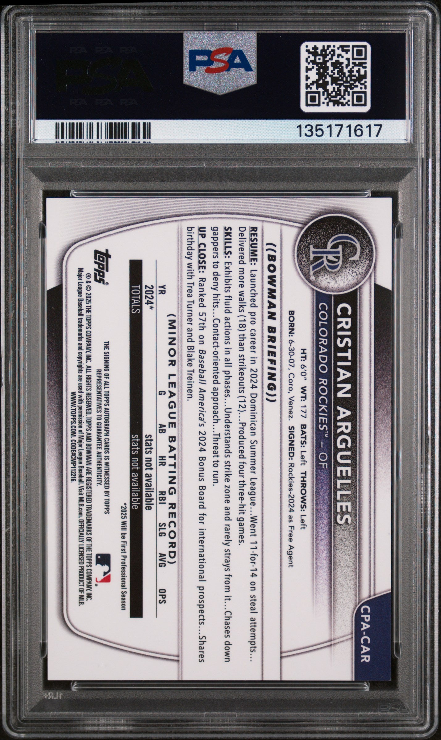 2025 Chrome Prospect Autographs Mini-Diamond Refractors Cristian Arguelles #CPACAR /100 PSA 9