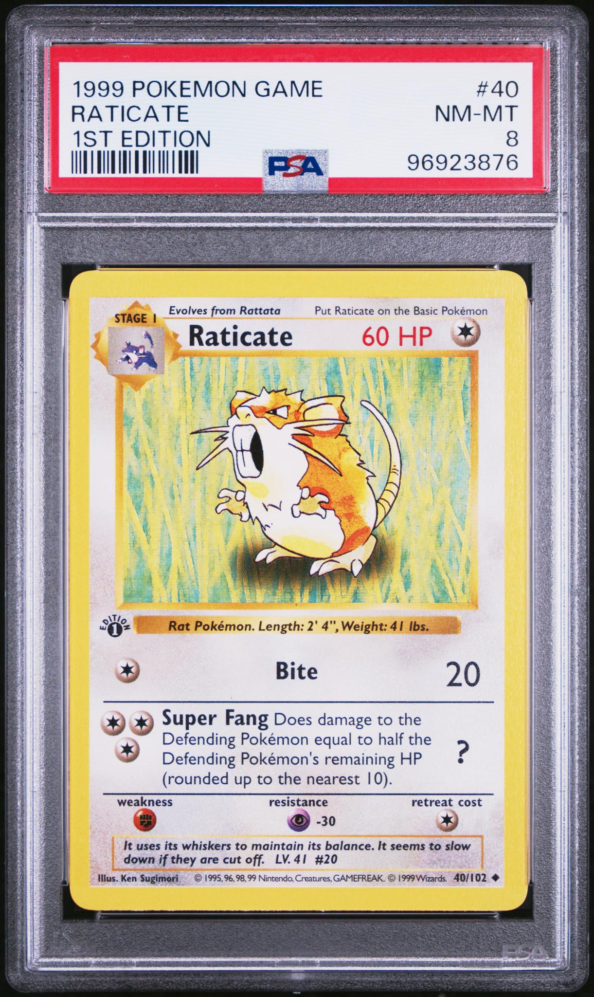 1999 Pokemon Base Set 1st Edition Raticate #40 PSA 8