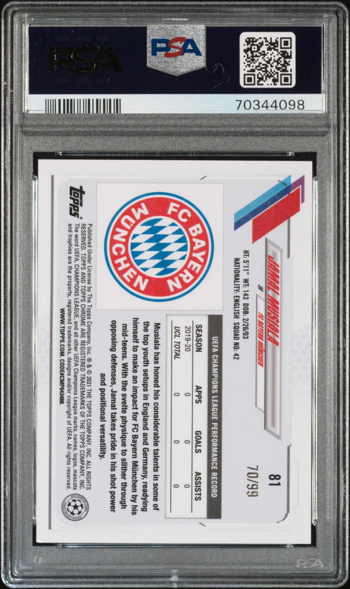 2020 Topps Chrome UEFA Champions League Neon Green Refractor Jamal Musiala #81 /99 PSA 8