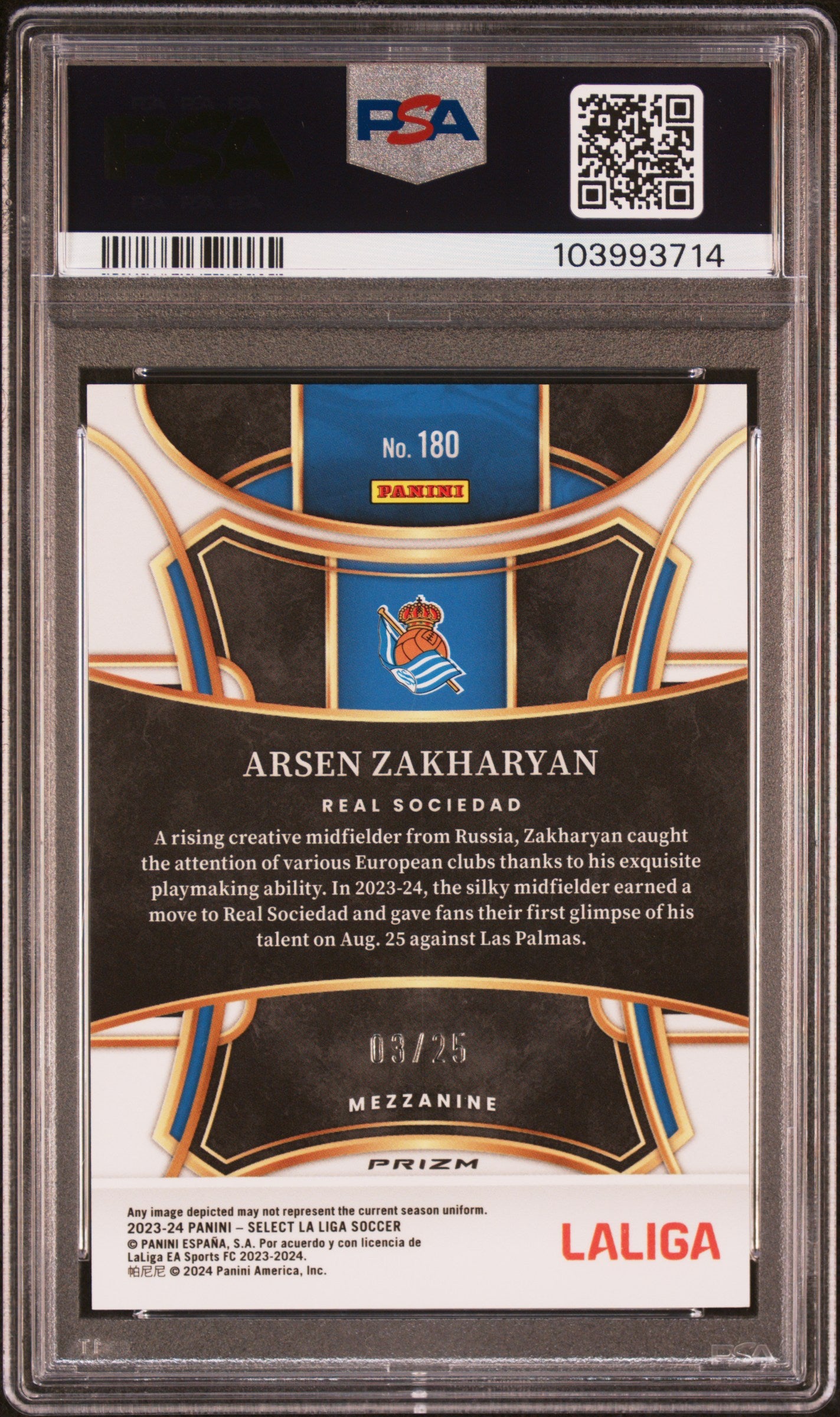2023 Panini Select La Liga Zebra Arsen Zakharyan #180 /25 PSA 10