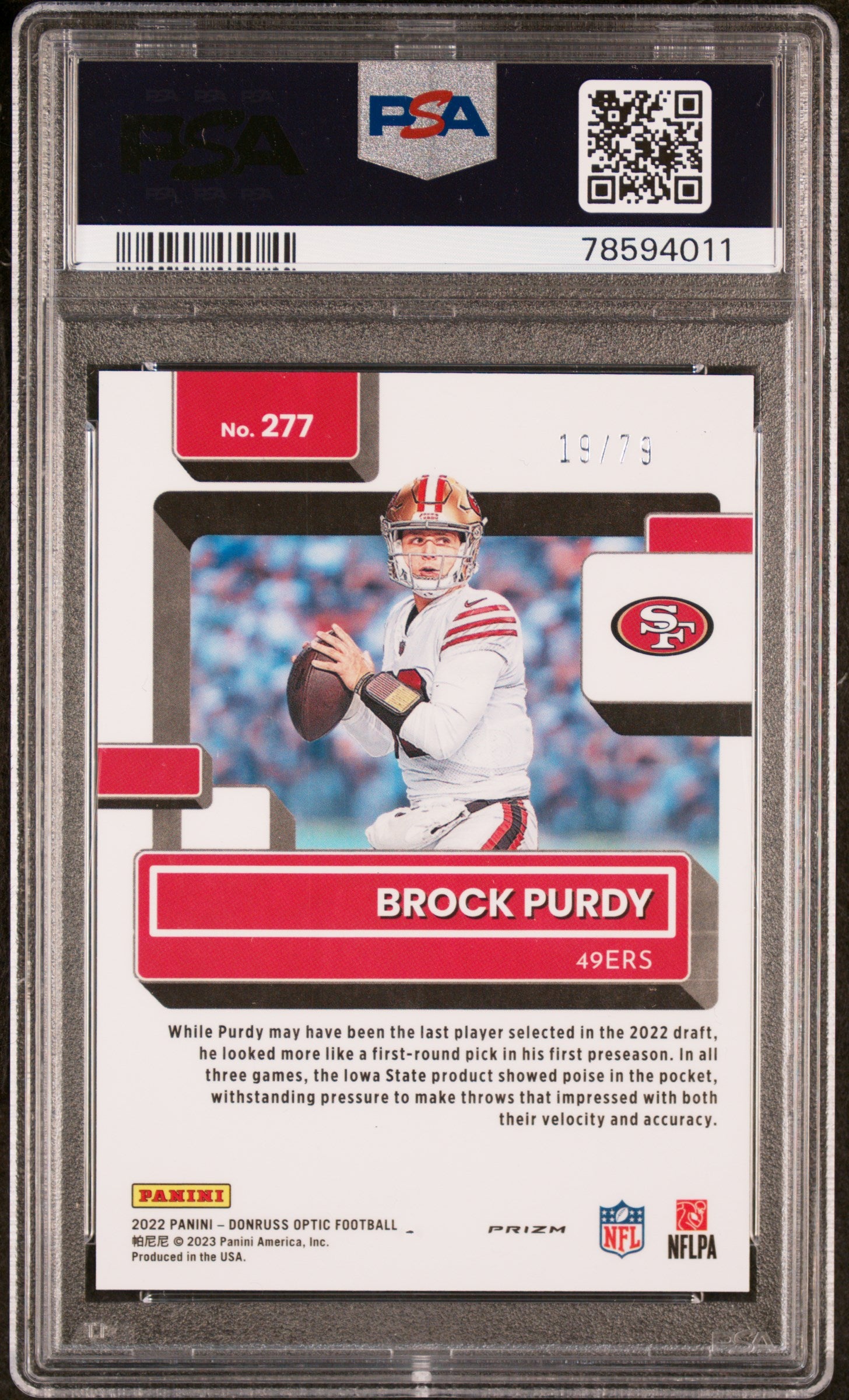 2022 Donruss Optic Pink Velocity Brock Purdy #277 /79 PSA 9