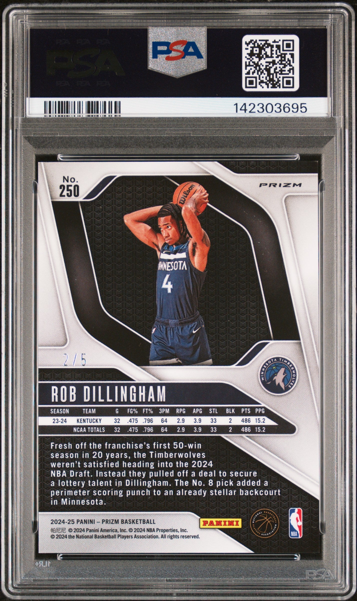 2024 Panini Prizm Prizms Black Gold Rob Dillingham #250 /5 PSA 8