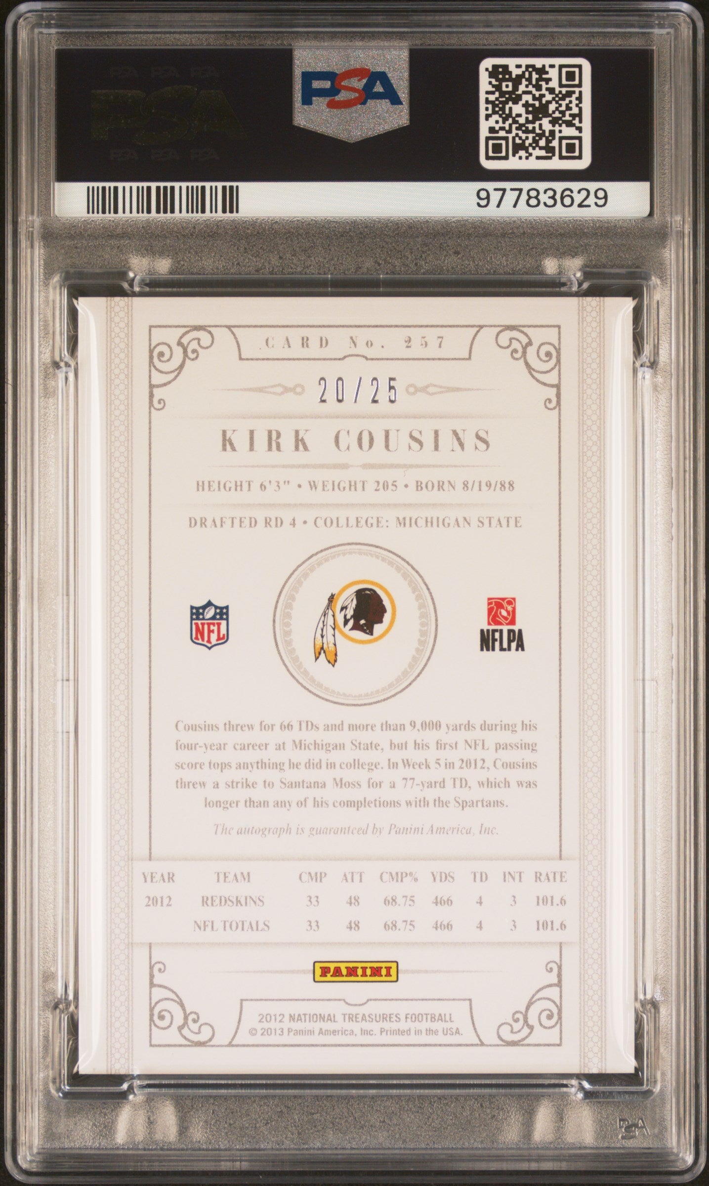 2012 National Treasures Century Black Signature Kirk Cousins #257 /25 PSA 9