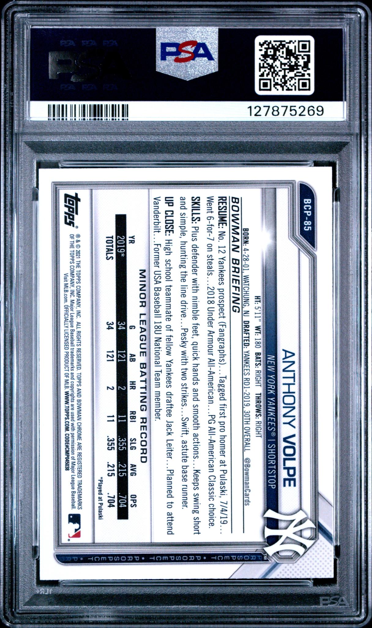 2021 Bowman Sapphire Chrome Prospect Anthony Volpe #BCP85 PSA 10