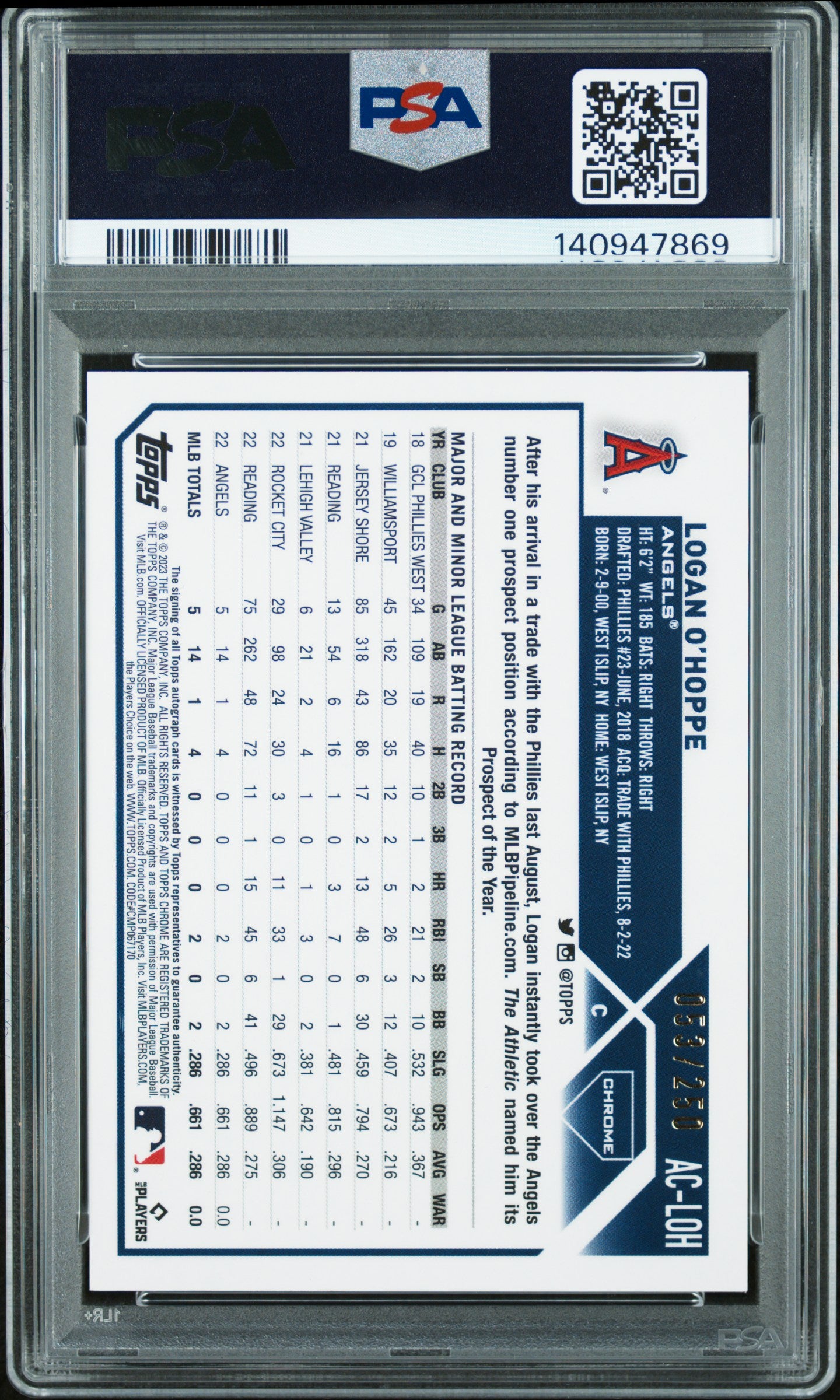 2023 Topps Chrome Update Autographs Purple Refractor Logan O'Hoppe #AC-LOH /250 PSA 9