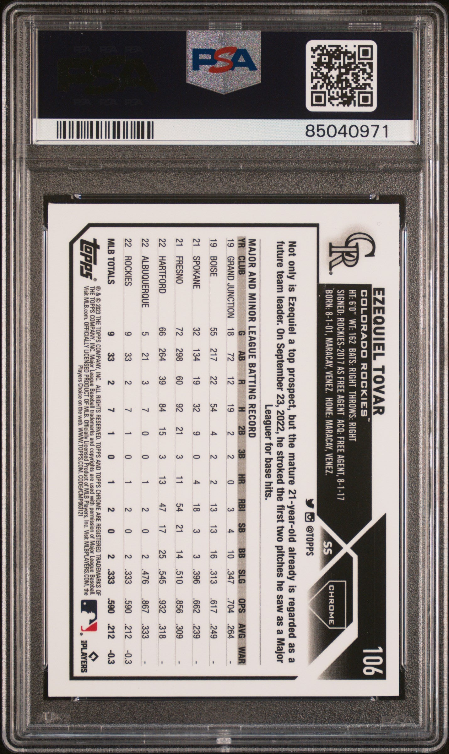 2023 Topps Chrome Gold Wave Ezequiel Tovar #106 /50 PSA 9