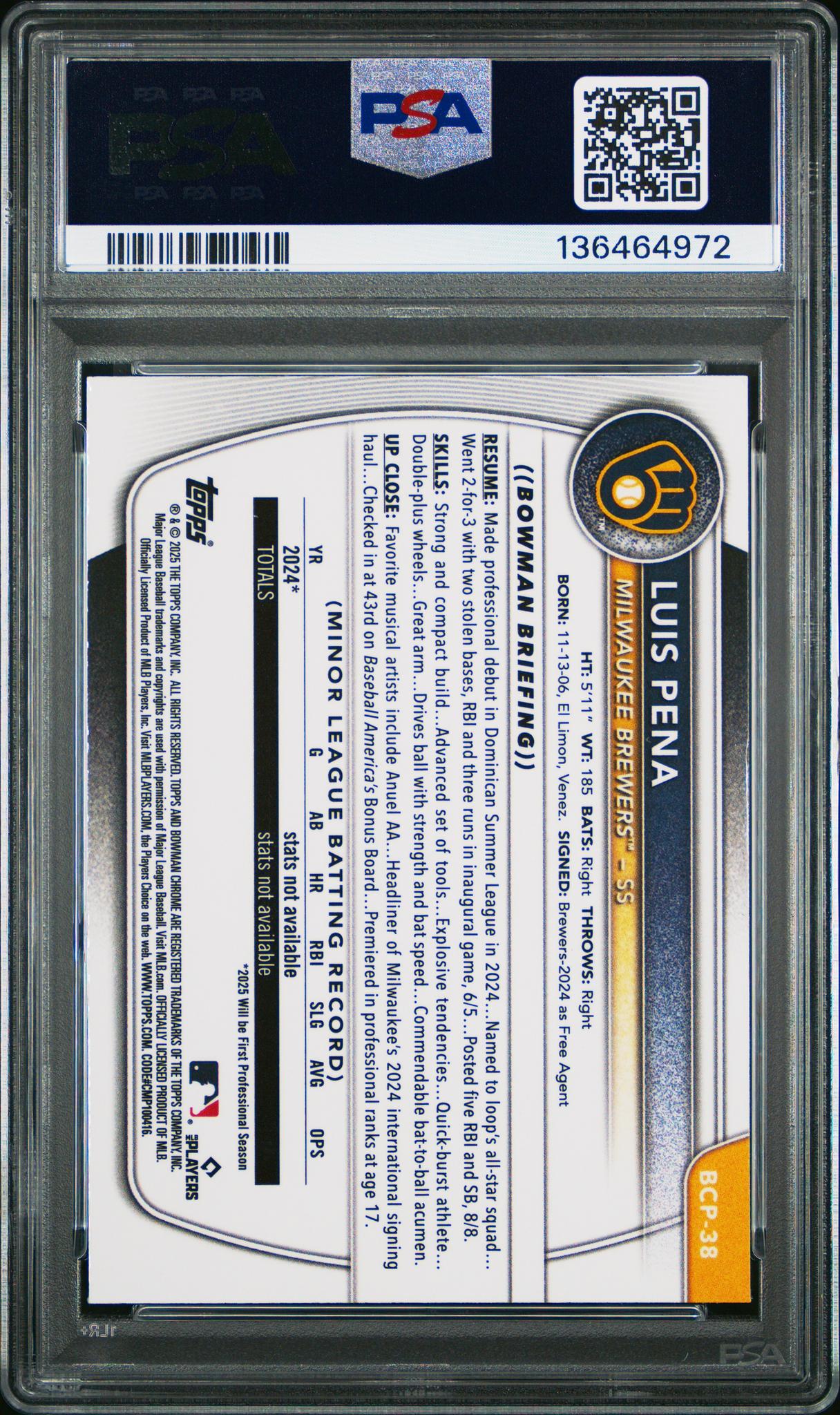 2025 Bowman Bowman Lava Refractor Luis Pena #BCP-38 /399 PSA 9