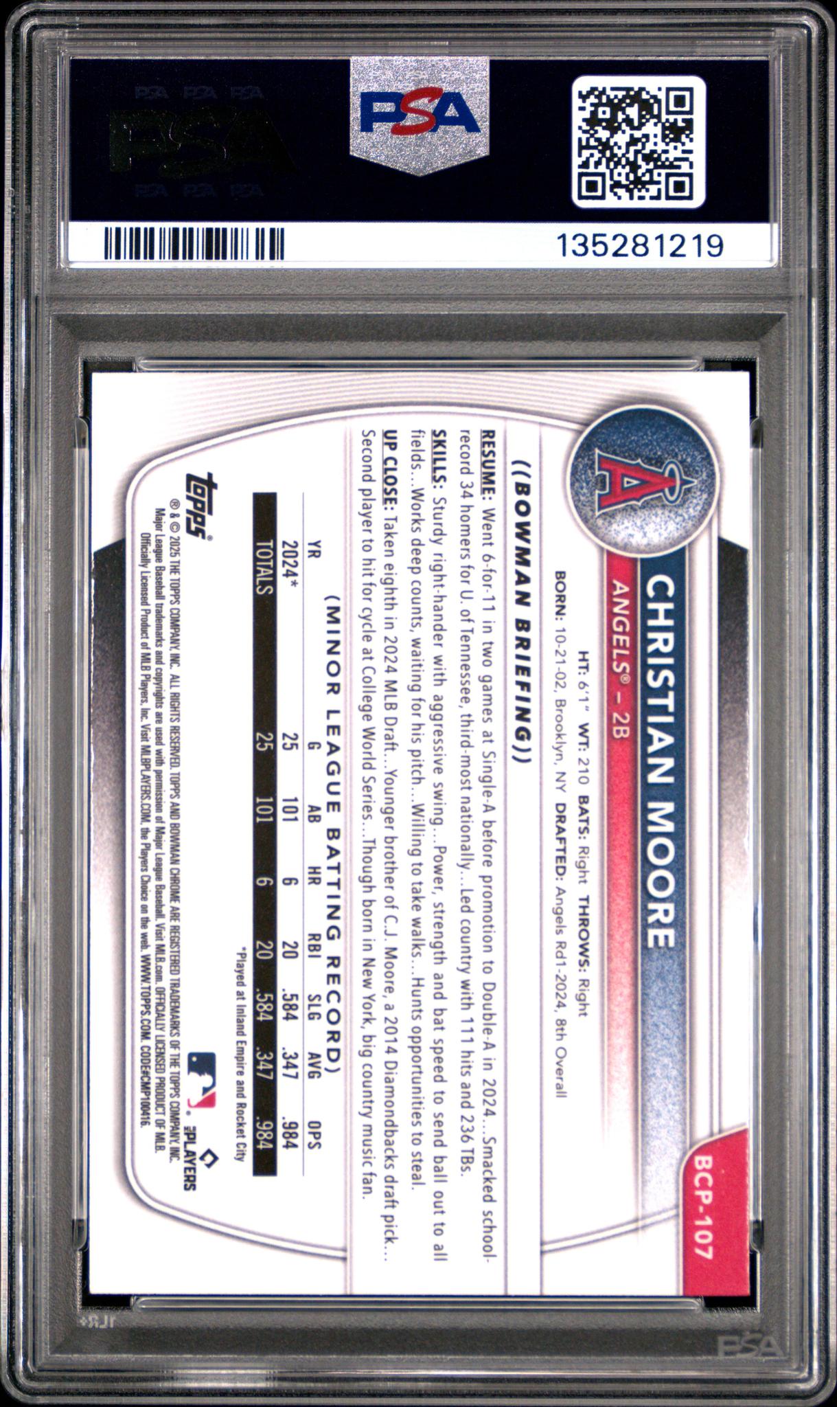 2025 Bowman Bowman Reptilian Refractor Christian Moore #BCP-107 PSA 10