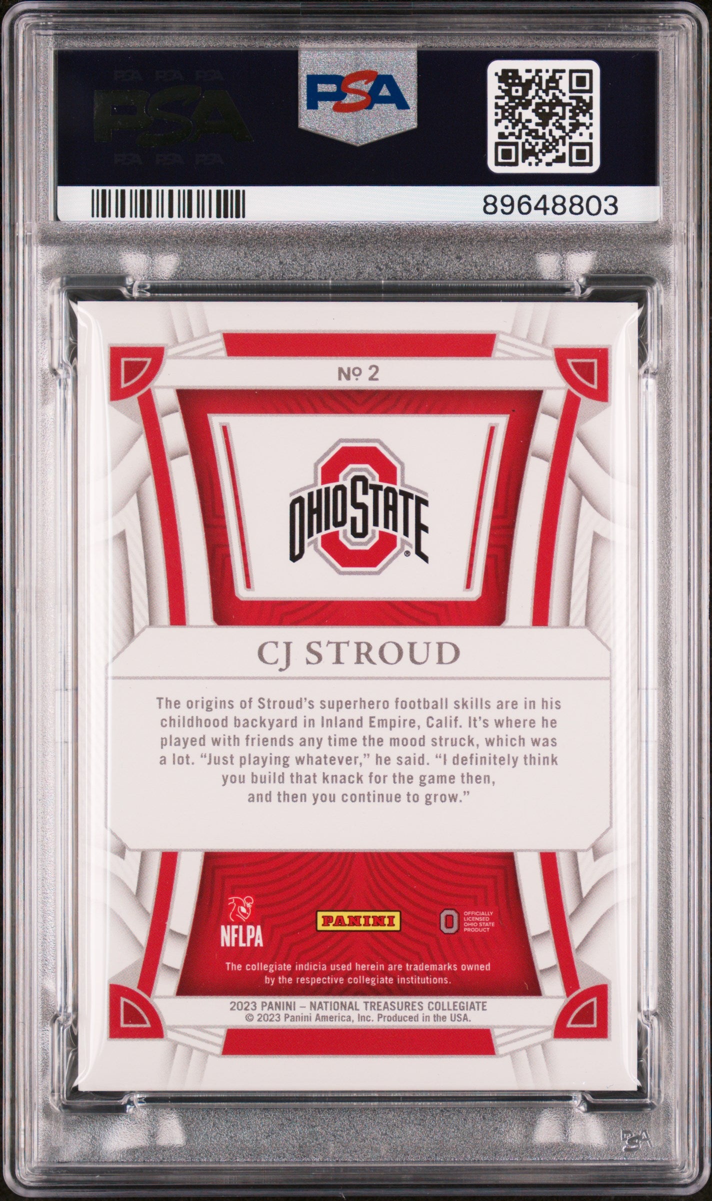 2023 Panini National Treasures Collegiate Century Blue CJ Stroud #2 /75 PSA 8