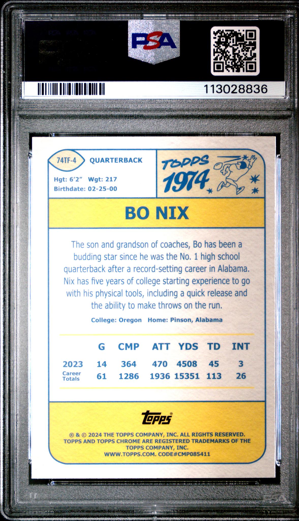 2024 Topps Chrome 1974 Topps Football Pink Refractor Bo Nix #74TF4 PSA 9