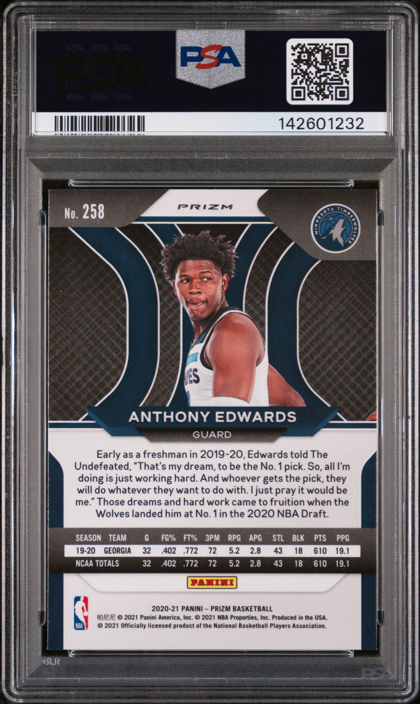 2020 Panini Prizm Red Ice Anthony Edwards #258 PSA 9