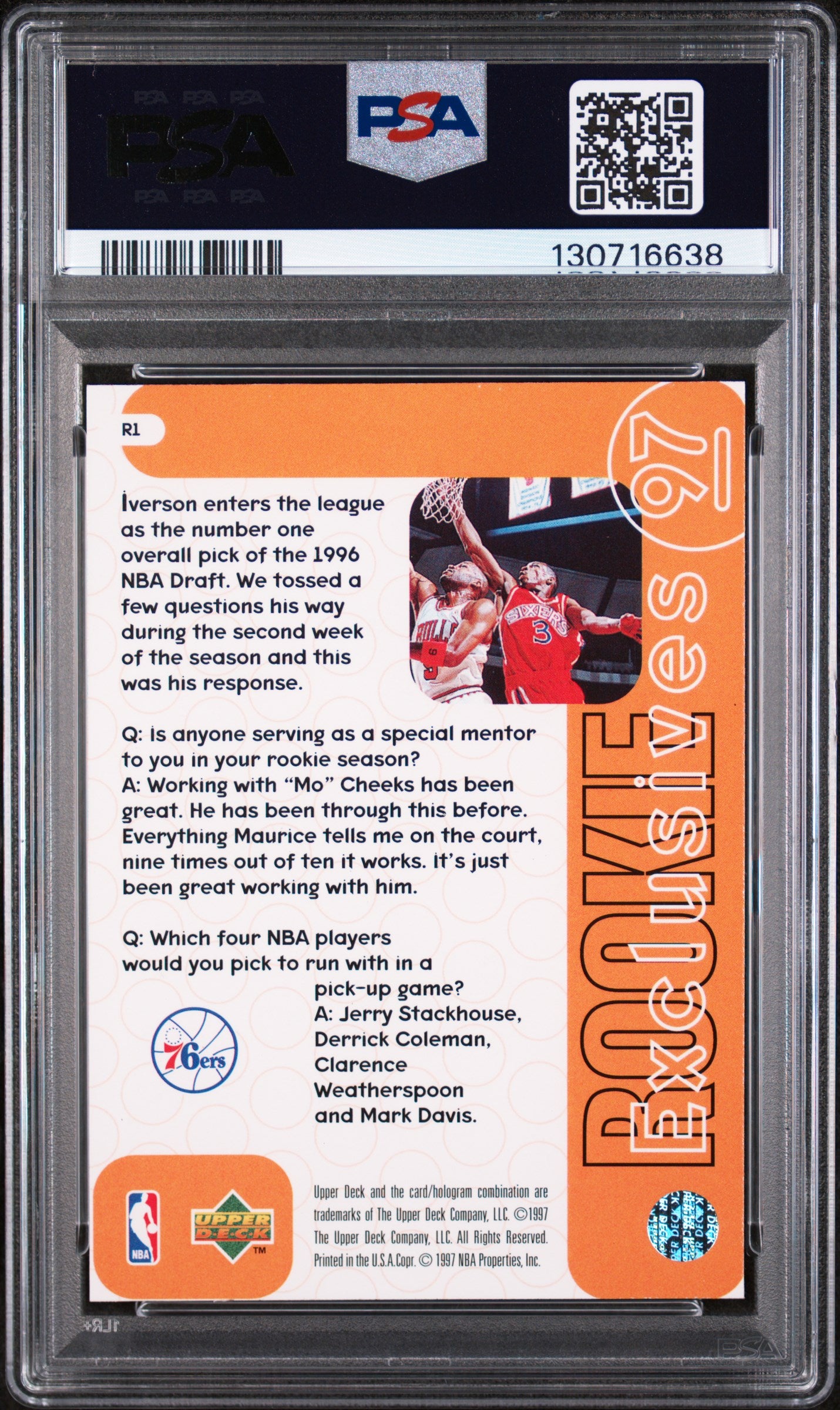 1996 Upper Deck Rookie Exclusives Allen Iverson #R1 PSA 10